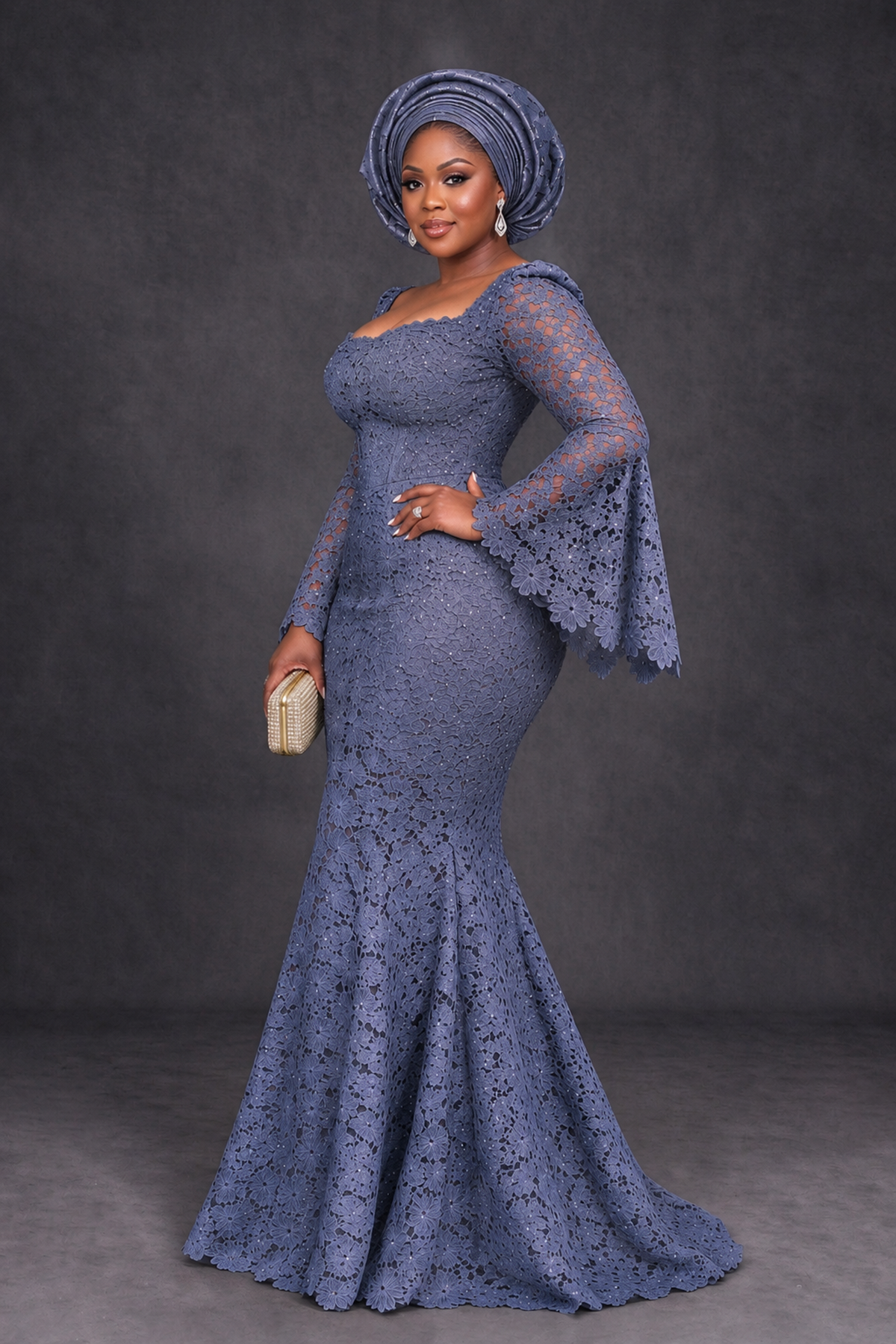 BOLODOO Stormy Blue African Lace Mermaid Dress, Plus Size Nigerian Wedding Guest Gown with Bell Sleeves - Stormy Blue - Stormy Blue_3