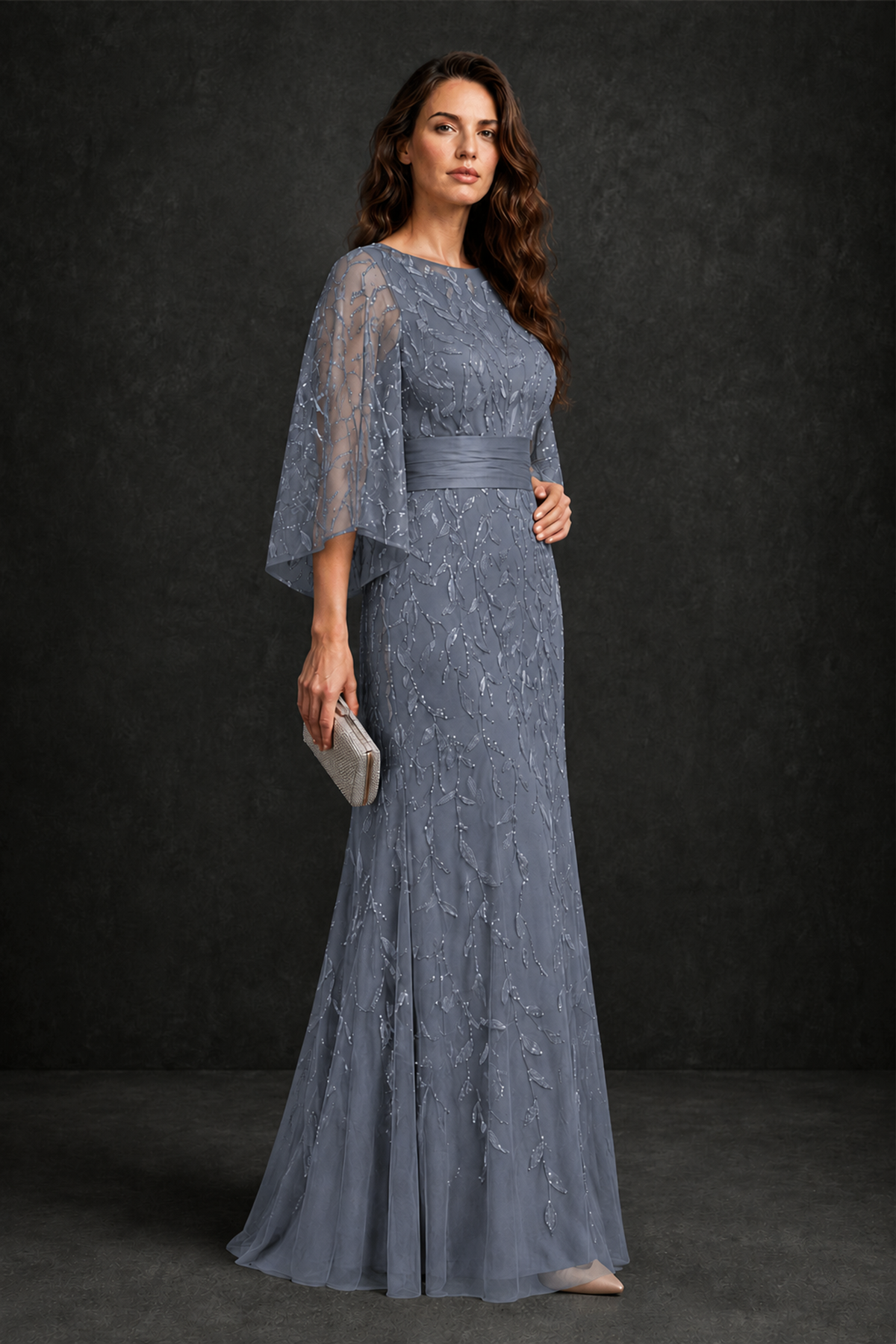 BOLODOO Stormy Blue Bateau Neck Bell Sleeve Sequin Embroidered Satin Waist A-Line Maxi Dress - Stormy Blue - Stormy_Blue_3