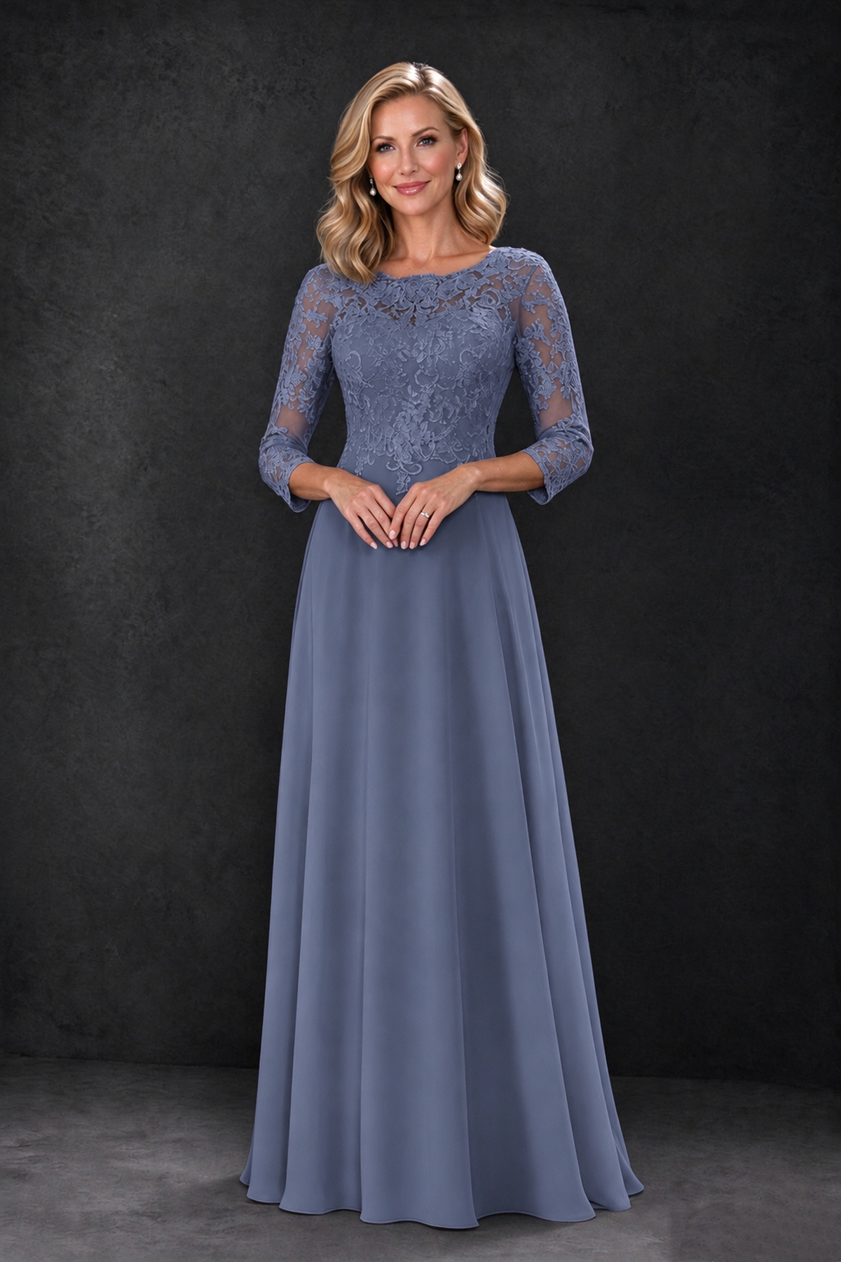 BOLODOO Stormy Blue Lace Embroidered Mother of the Bride Dress with 3/4 Sleeves - Stormy Blue - Stormy Blue_3