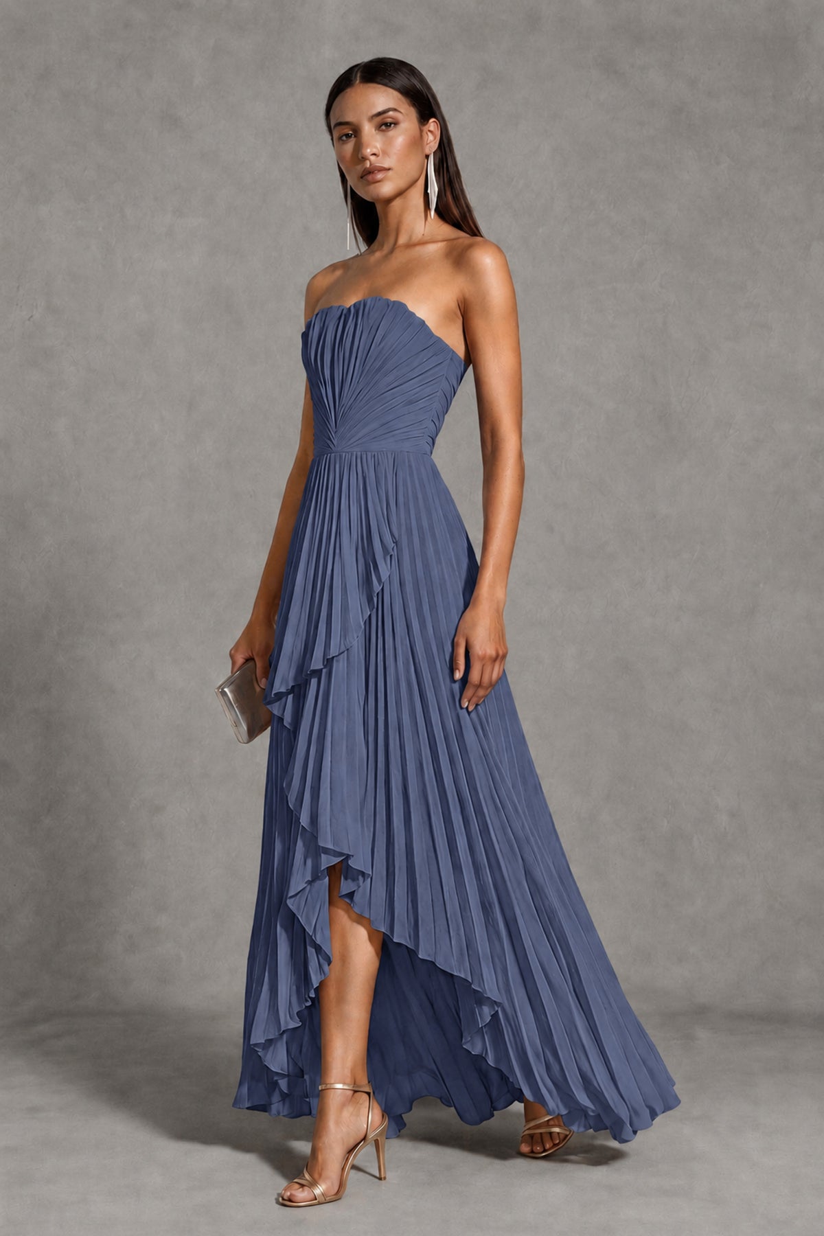 Stormy Blue Strapless Pleated High-Low Evening Gown with Ruffle Hem - Stormy Blue - Stormy_Blue_3