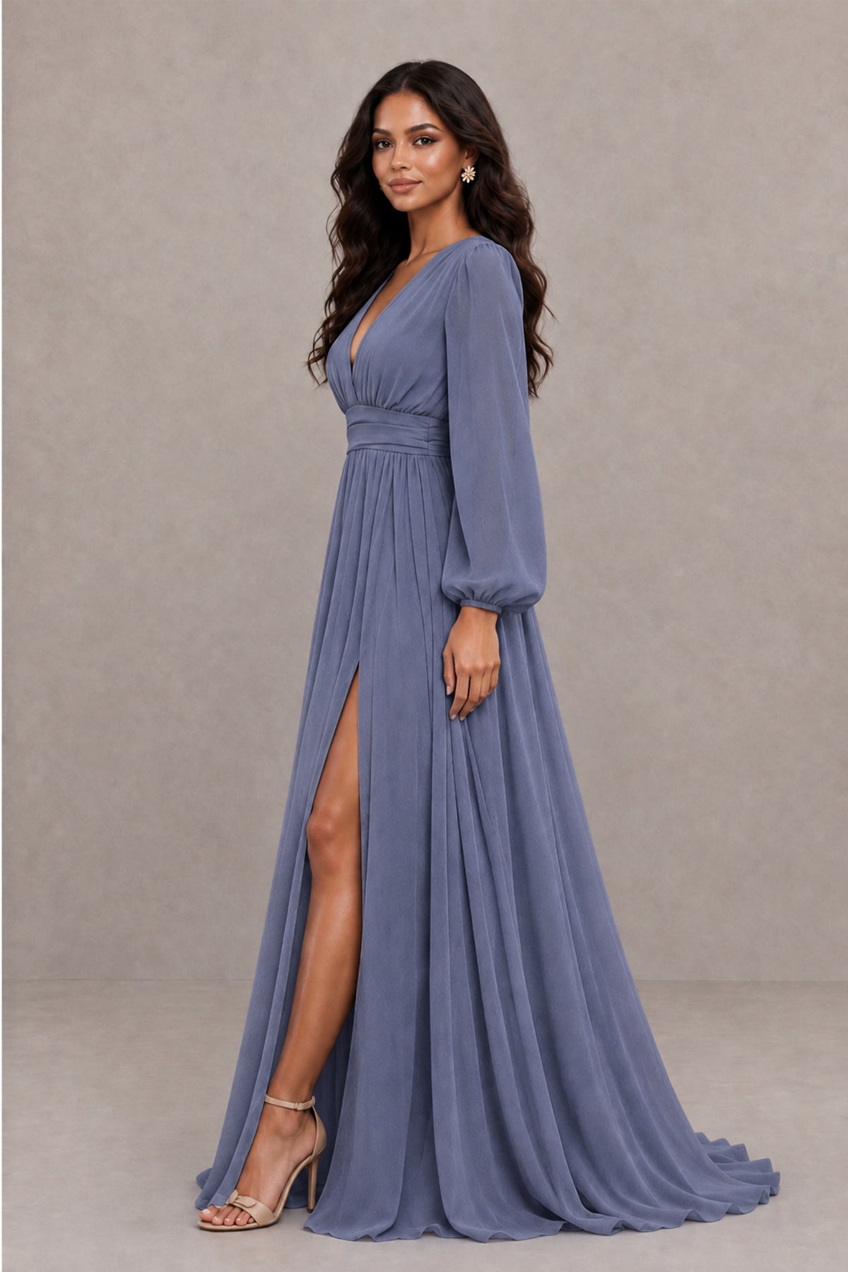 BOLODOO Stormy Blue Long Sleeve V-Neck A-Line Gown with Open Back & Slit - Stormy Blue - Stormy Blue_3