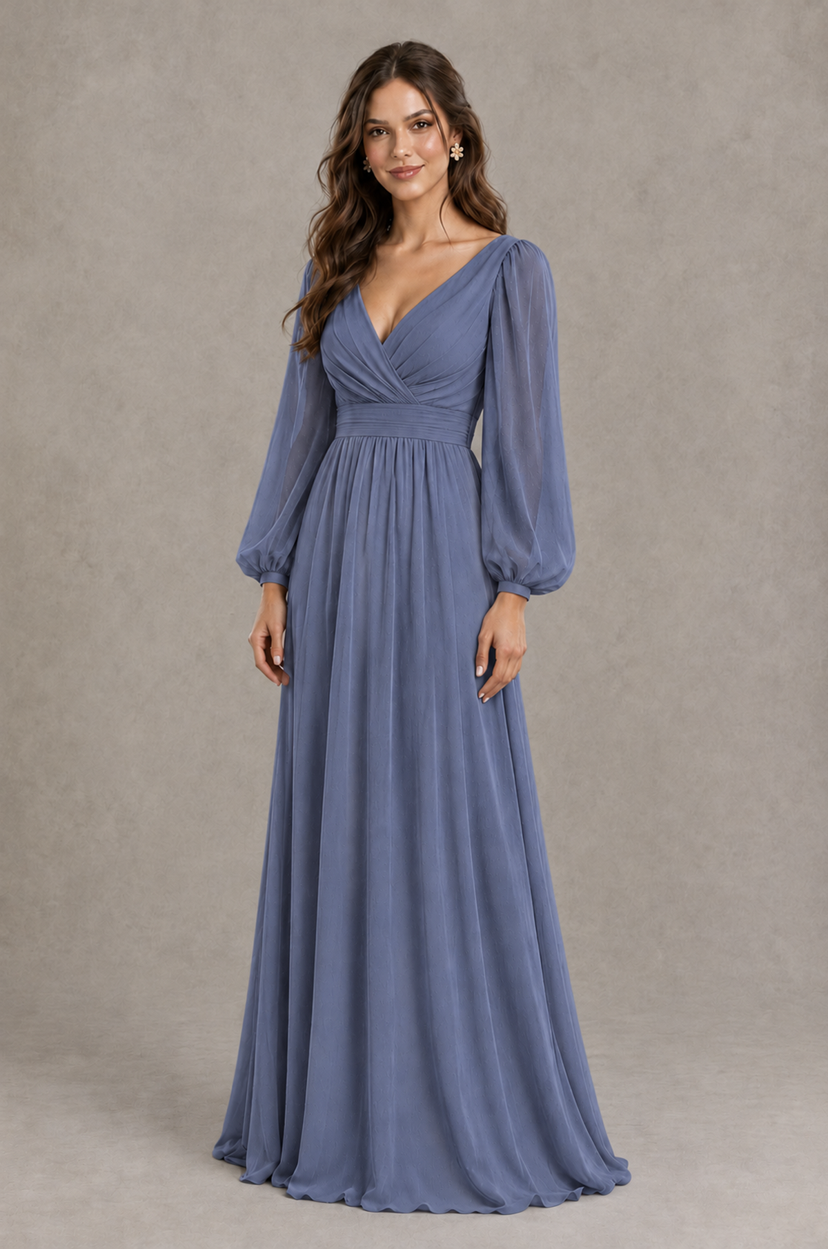 BOLODOO Stormy Blue Long Sleeve V-Neck A-Line Bridesmaid Dress - Stormy Blue - Stormy Blue_3