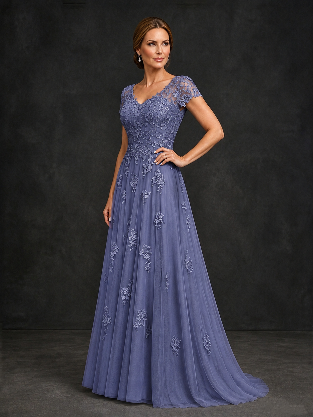 BOLODOO Stormy Blue Cap Sleeve Lace Appliqué A-Line Formal Gown | Mother of the Bride Dress - Stormy Blue - Stormy Blue_3
