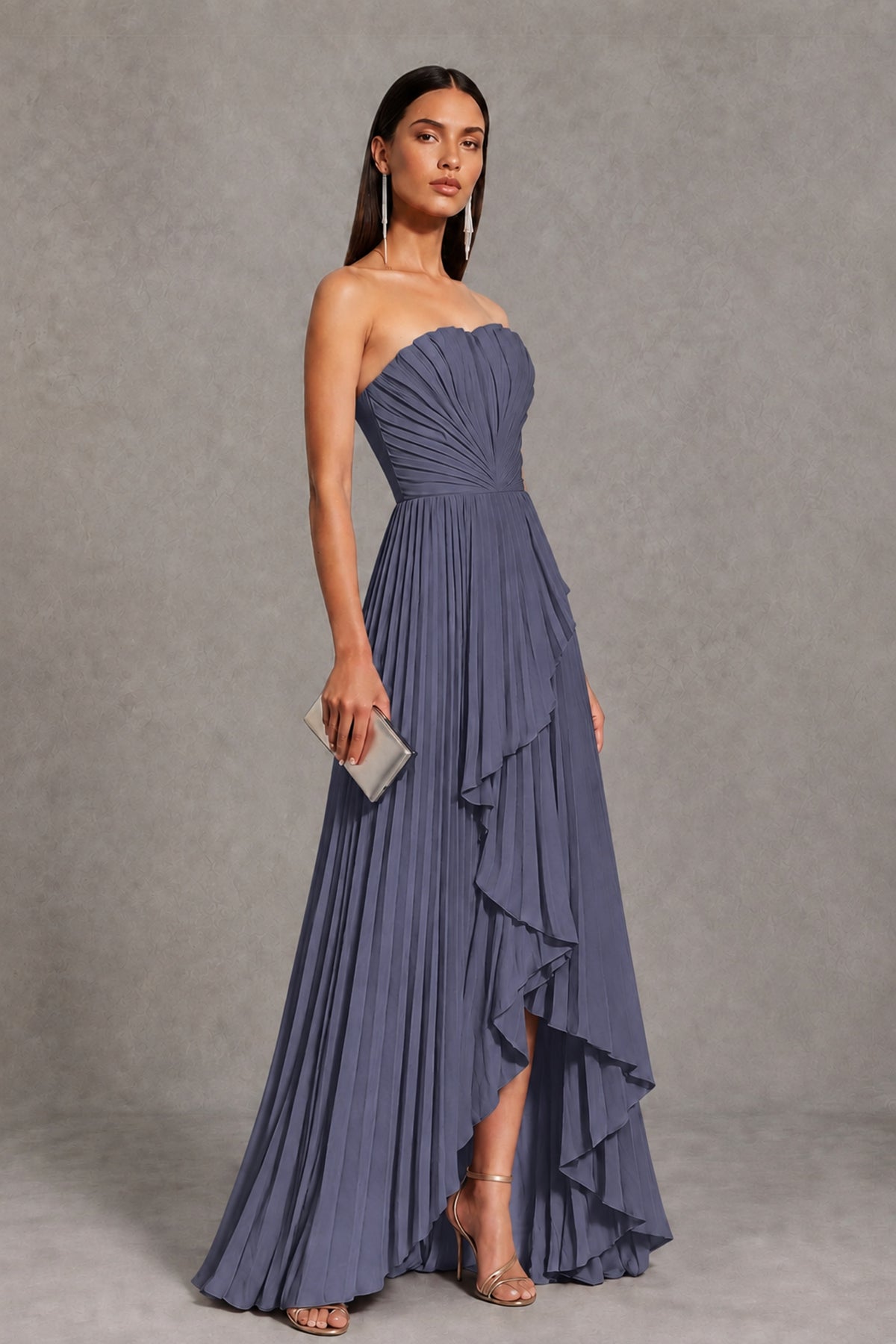Stormy Blue Strapless Pleated High-Low Evening Gown with Ruffle Hem - Stormy Blue - Stormy_Blue_4
