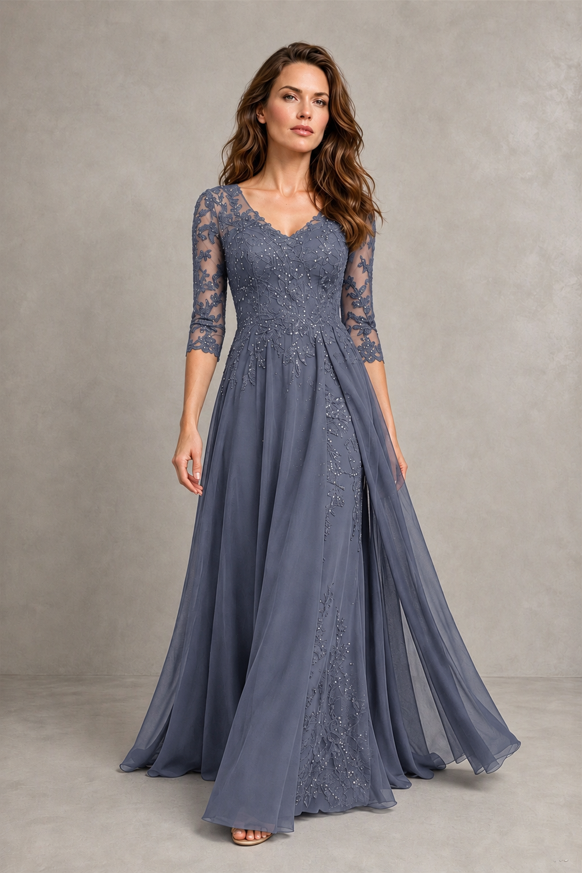 BOLODOO Midnight Stormy Blue Beaded Lace Appliqué Chiffon A-Line Gown | Mother of the Bride & Formal Evening Dress - Stormy Blue - Stormy Blue_4