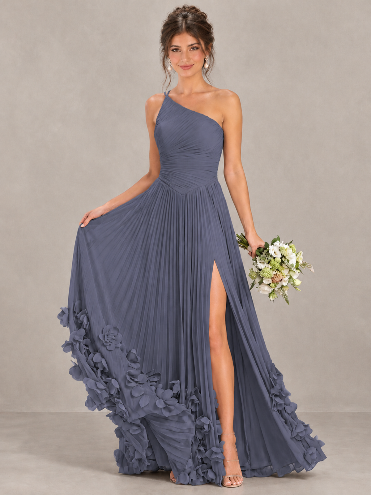 BOLODOO Stormy Blue One-Shoulder Pleated Bridesmaid Dress with 3D Floral Hem - Stormy Blue - Stormy Blue_4