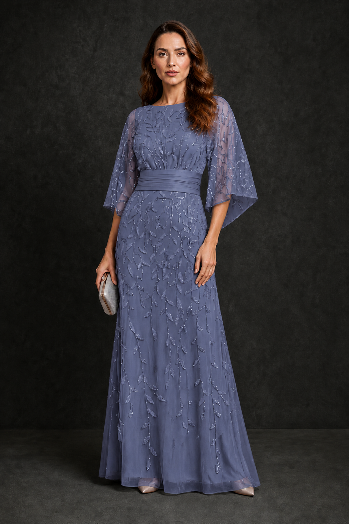 BOLODOO Stormy Blue Bateau Neck Bell Sleeve Sequin Embroidered Satin Waist A-Line Maxi Dress - Stormy Blue - Stormy_Blue_4