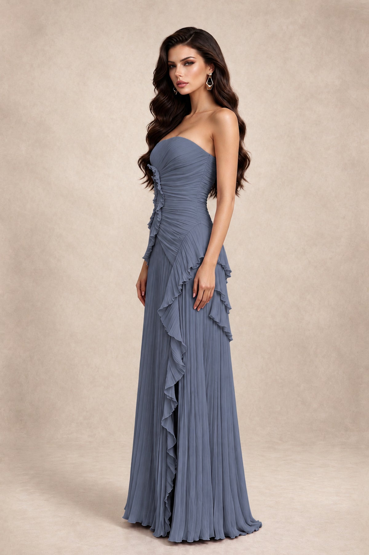 BOLODOO Stormy Blue Strapless Ruffle Pleated Slit Evening Gown - Stormy Blue - Stormy Blue_4