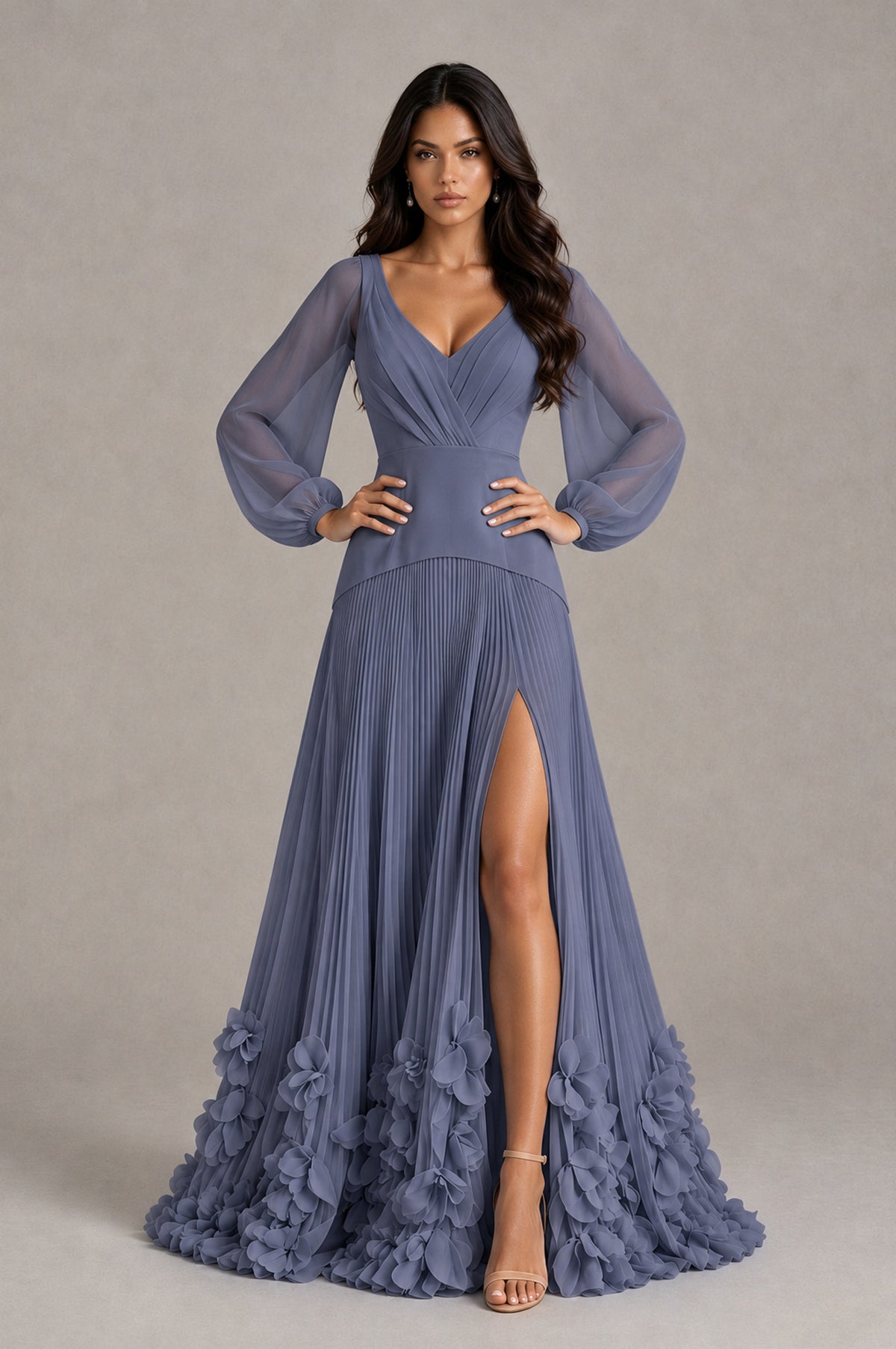 BOLODOO Stormy Blue V-Neck Long Sleeve Pleated Floral Hem Evening Dress - Stormy Blue - Stormy Blue_4