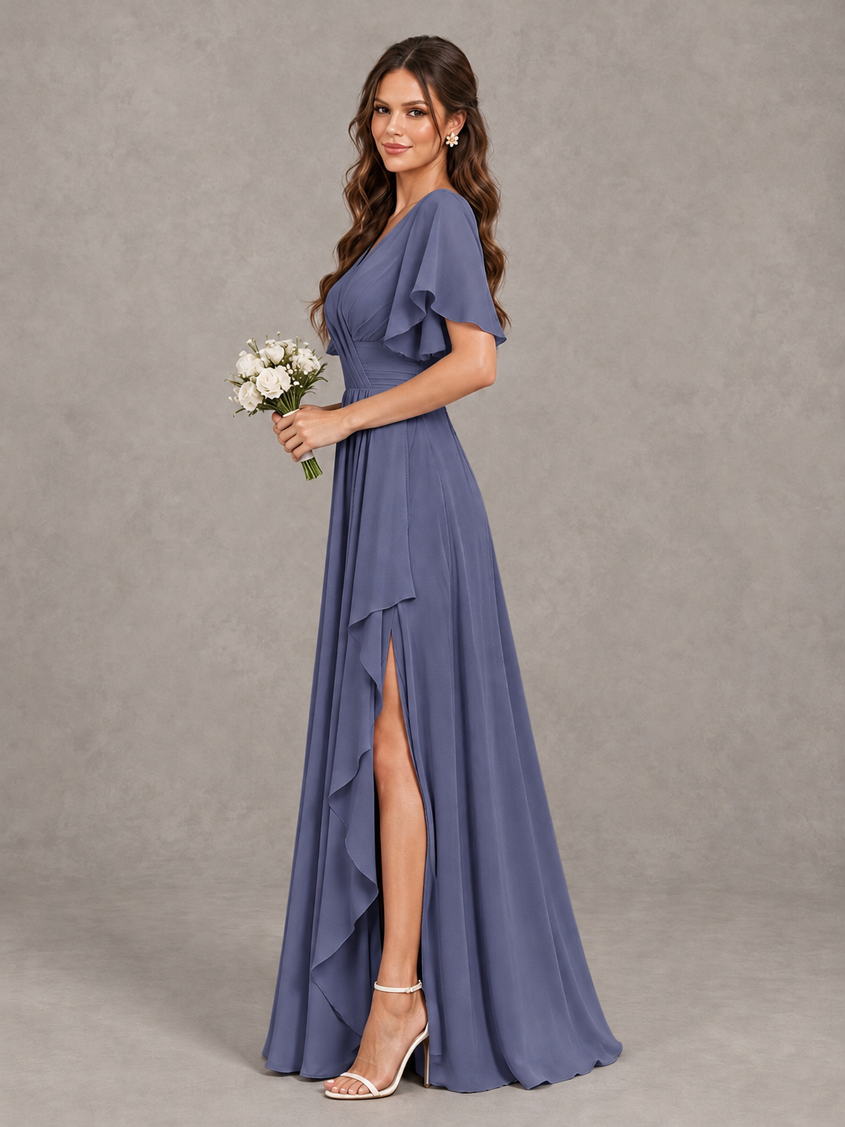 BOLODOO Stormy Blue Flutter Sleeve V-Neck Bridesmaid Dress with Ruffle Slit - Stormy Blue - Stormy Blue_4