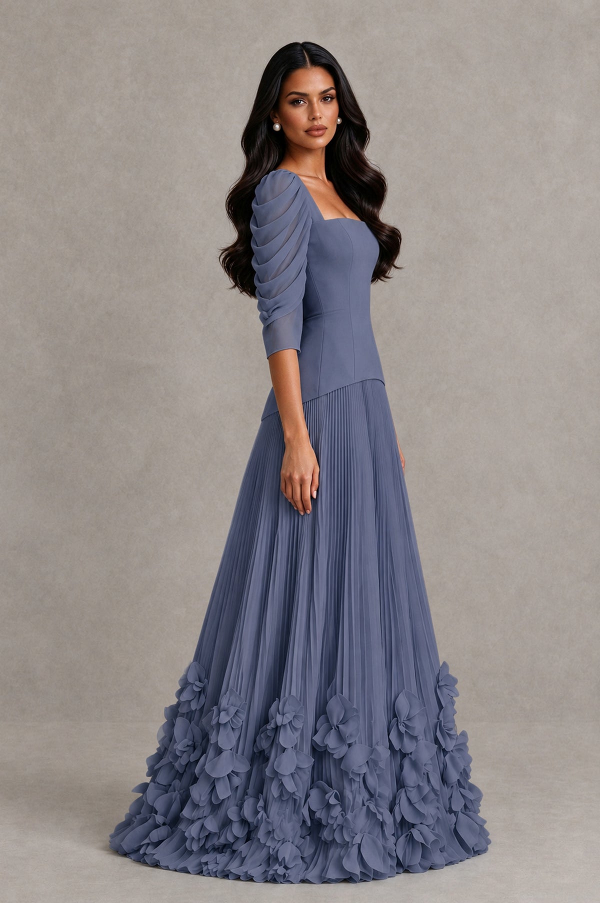 BOLODOO Stormy Blue Square Neck Pleated Floral Applique Evening Dress - Stormy Blue - Stormy Blue_4