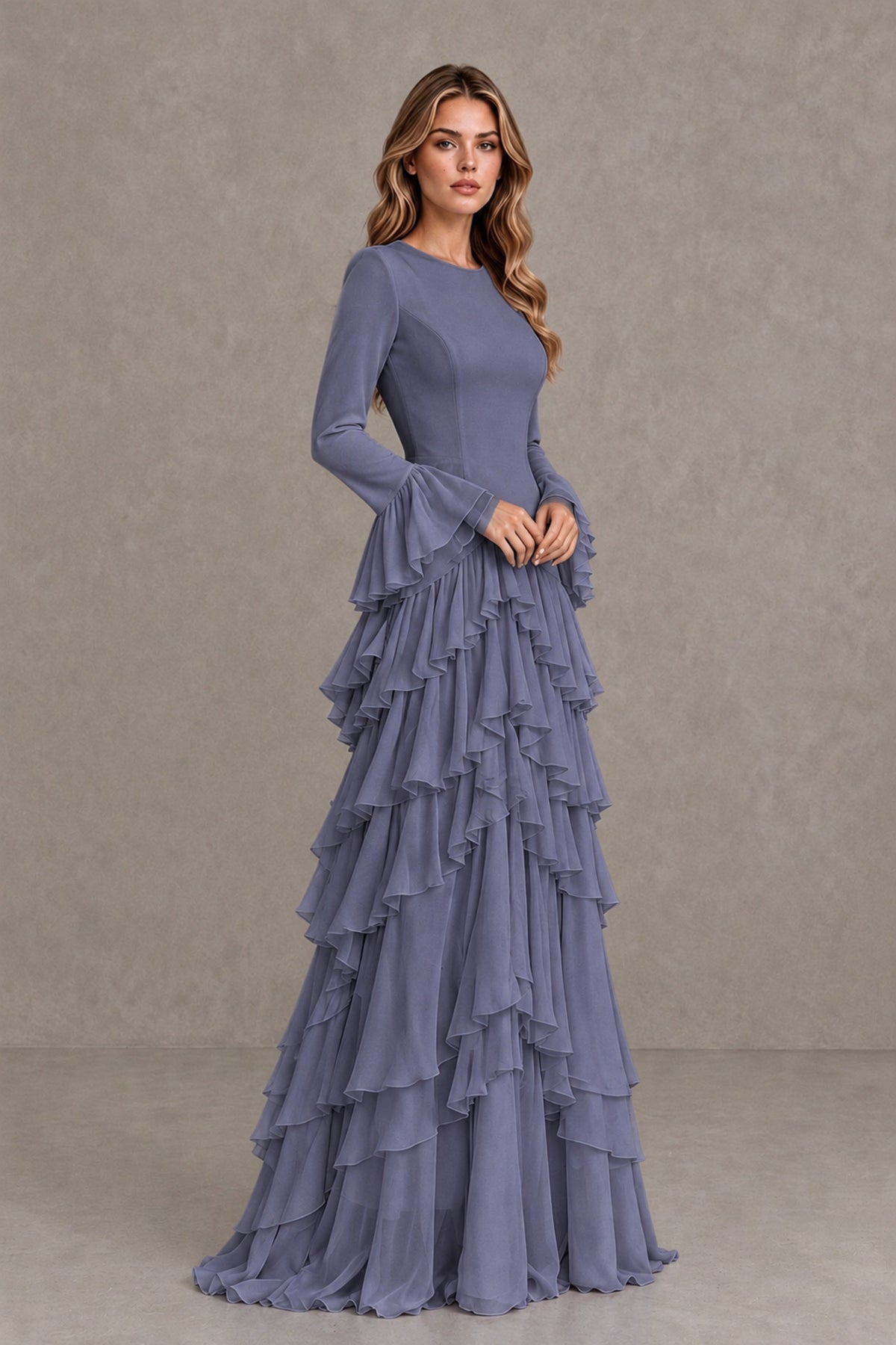 Stormy Blue Long Sleeve Tiered Ruffle Evening Gown - Stormy Blue - Stormy Blue_4