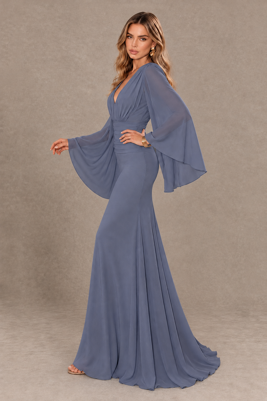 BOLODOO Stormy Blue Cape Sleeve V-Neck Ruched Chiffon Evening Dress - Stormy Blue - Stormy Blue_4