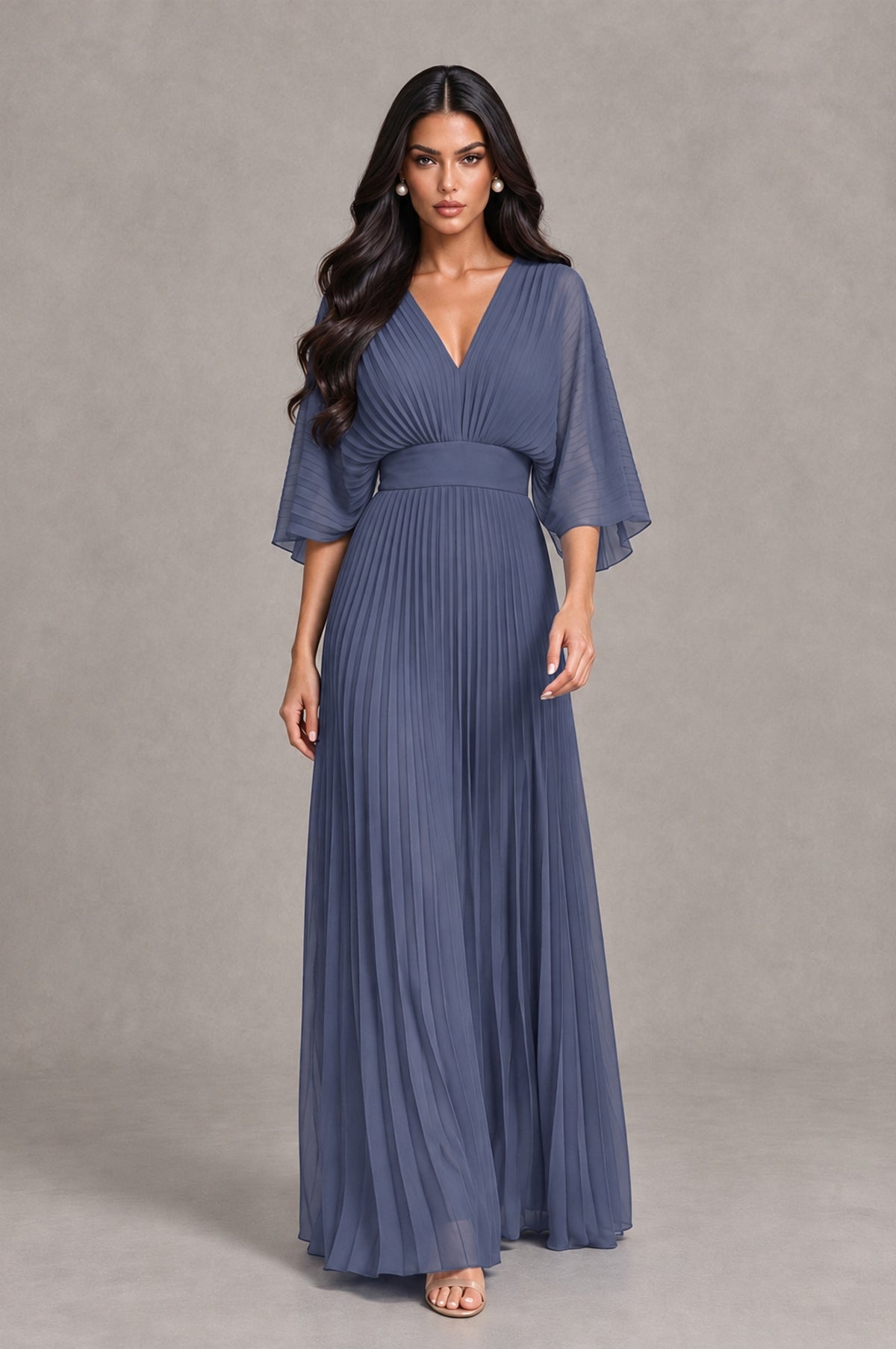 BOLODOO Stormy Blue V-Neck Pleated Flutter Sleeve Formal Dress - Stormy Blue - Stormy Blue_4