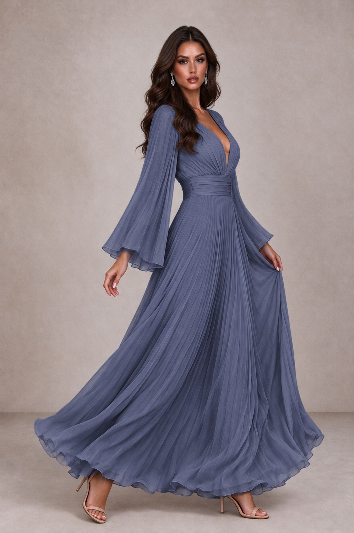 BOLODOO Stormy Blue Pleated Deep V-Neck Long Bell Sleeve Evening Dress - Stormy Blue - Stormy_Blue_4