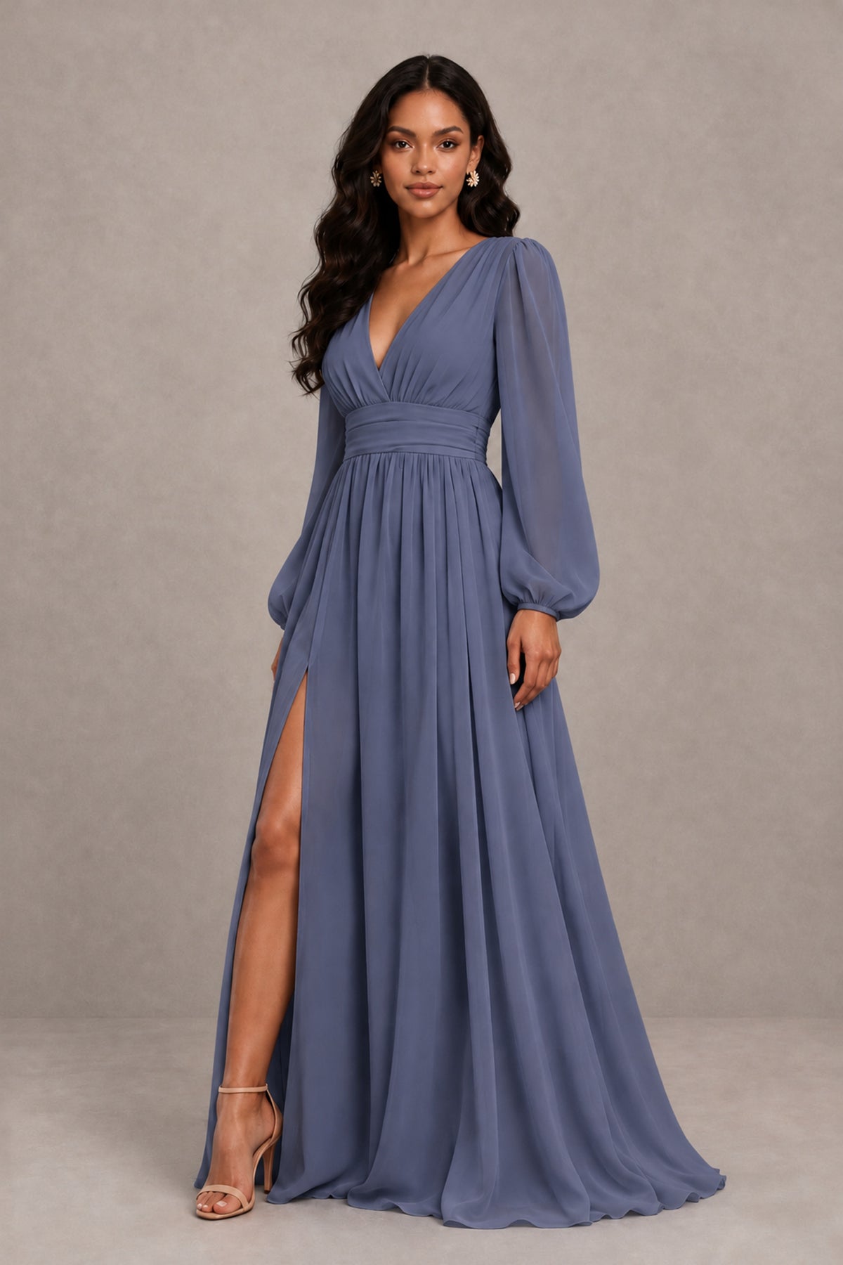 BOLODOO Stormy Blue Long Sleeve V-Neck A-Line Gown with Open Back & Slit - Stormy Blue - Stormy Blue_4