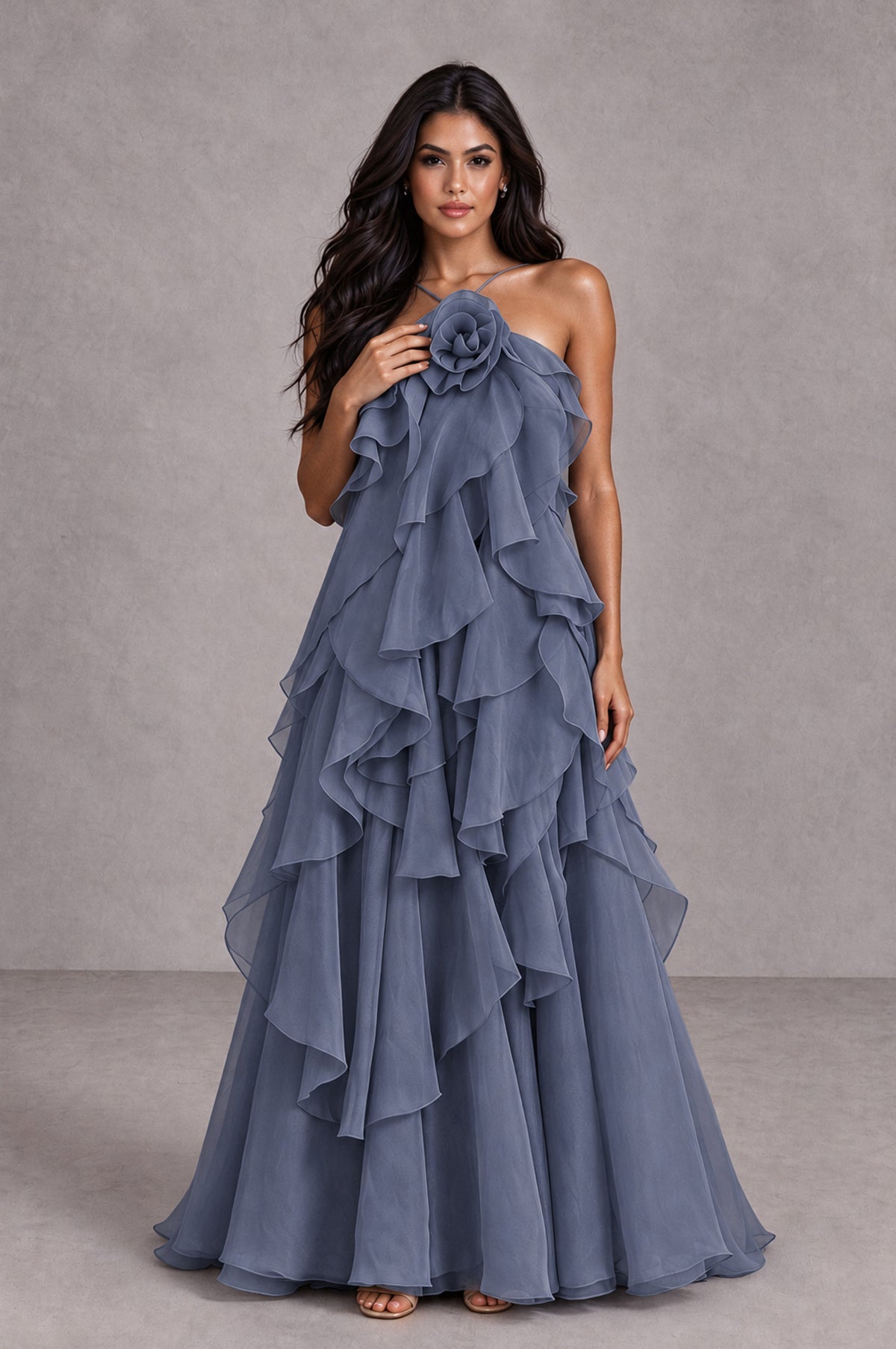 BOLODOO Stormy Blue Cascading Ruffle Rosette Open-Back Maxi Dress - Stormy Blue - Stormy Blue_4