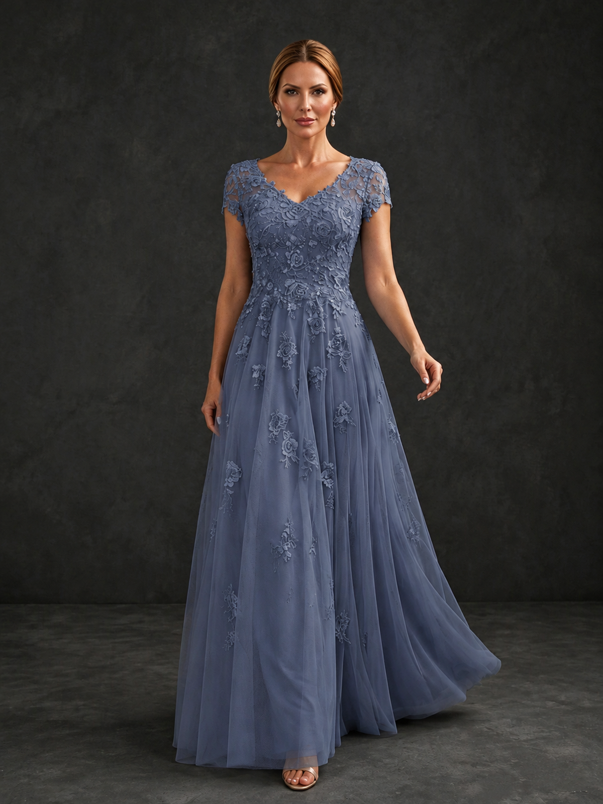BOLODOO Stormy Blue Cap Sleeve Lace Appliqué A-Line Formal Gown | Mother of the Bride Dress - Stormy Blue - Stormy Blue_4