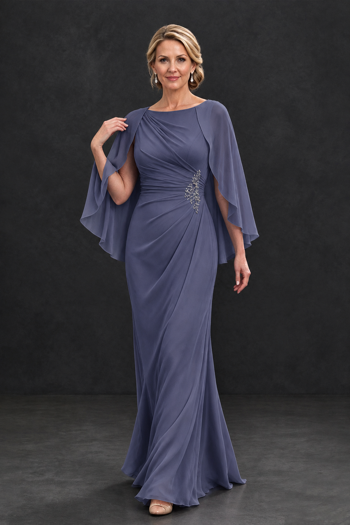 BOLODOO Stormy Blue Cape Sleeve Mother of the Bride Dress with Ruched Waist - Stormy Blue - Stormy Blue_4