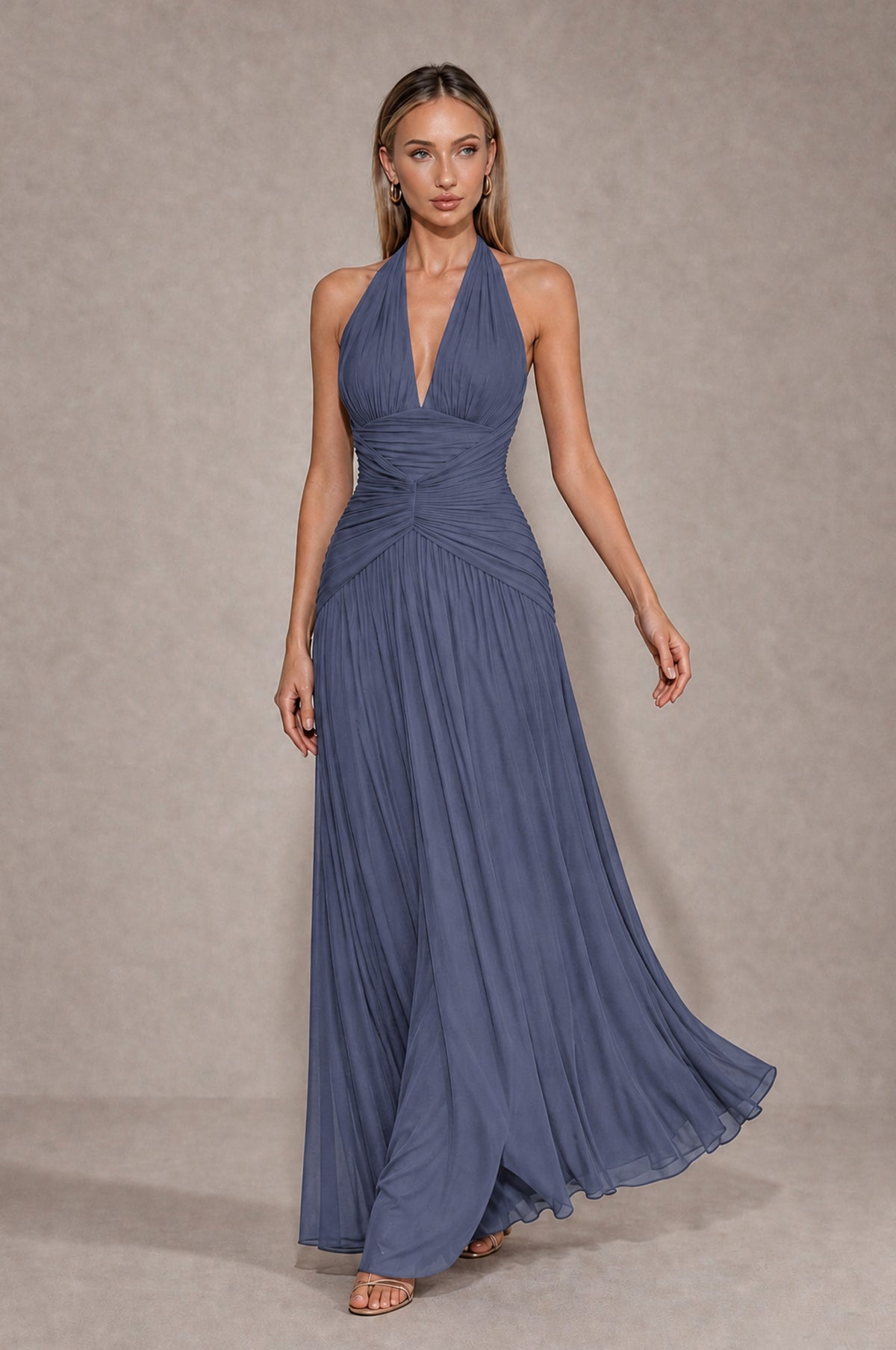 BOLODOO Stormy Blue Chiffon Halter Deep V-Neck Ruched A-Line Backless Maxi Dress with Train-BD0167 - Stormy Blue - Stormy Blue_4
