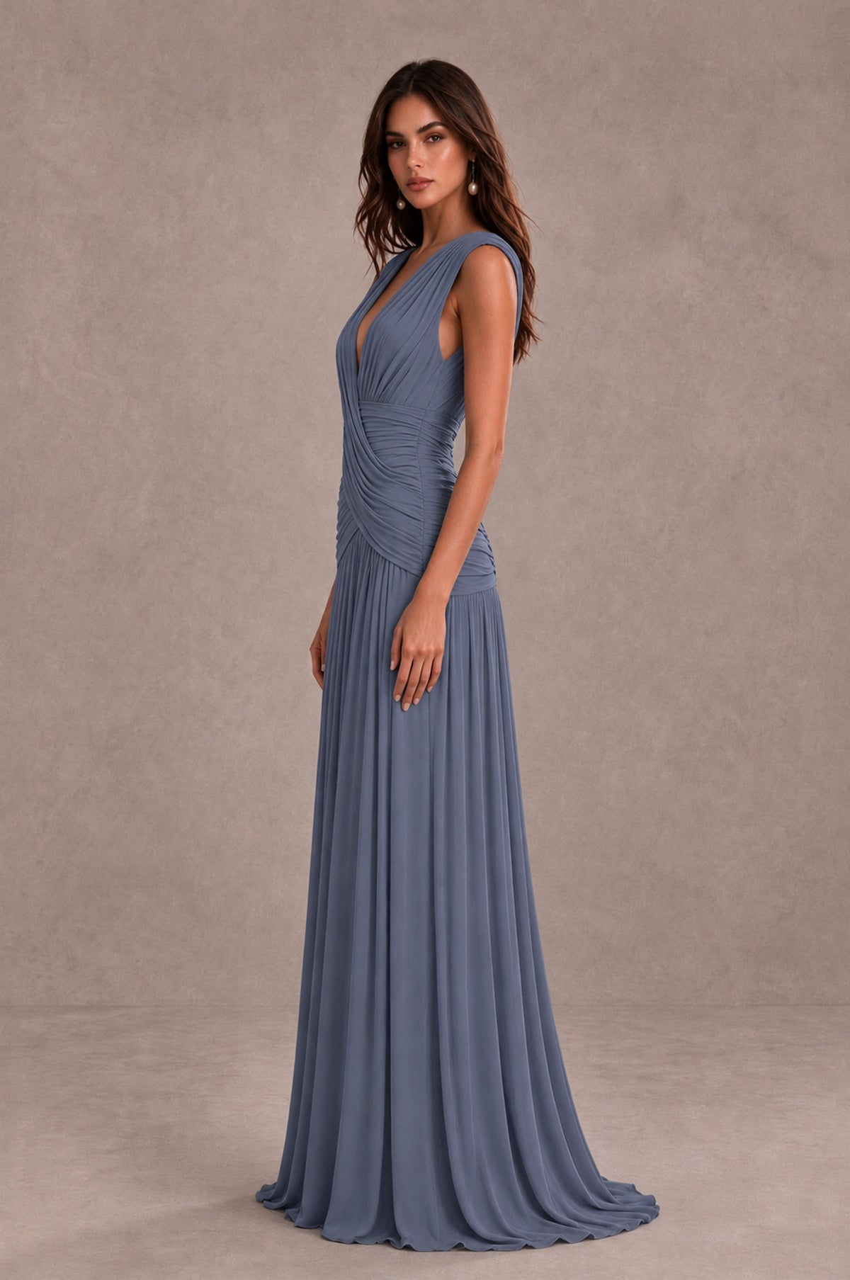 BOLODOO Stormy Blue V-Neck Ruched Wedding Guest Dress - Stormy Blue - Stormy Blue_4