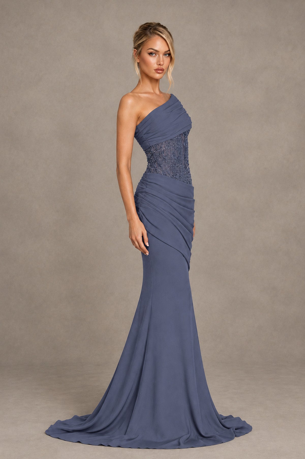 BOLODOO Stormy Blue One-Shoulder Sequin Embroidered Ruched Mermaid Gown with Train - Stormy Blue - Stormy Blue_4