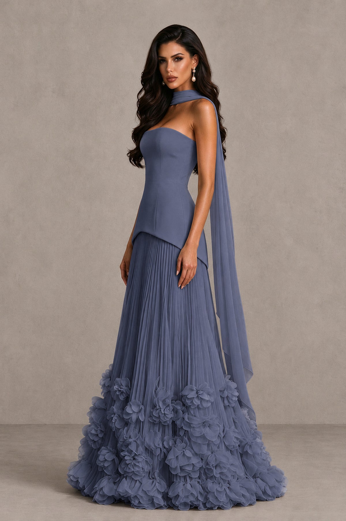 BOLODOO Stormy Blue Strapless Pleated Floral Hem Evening Gown - Stormy Blue - Stormy Blue_4