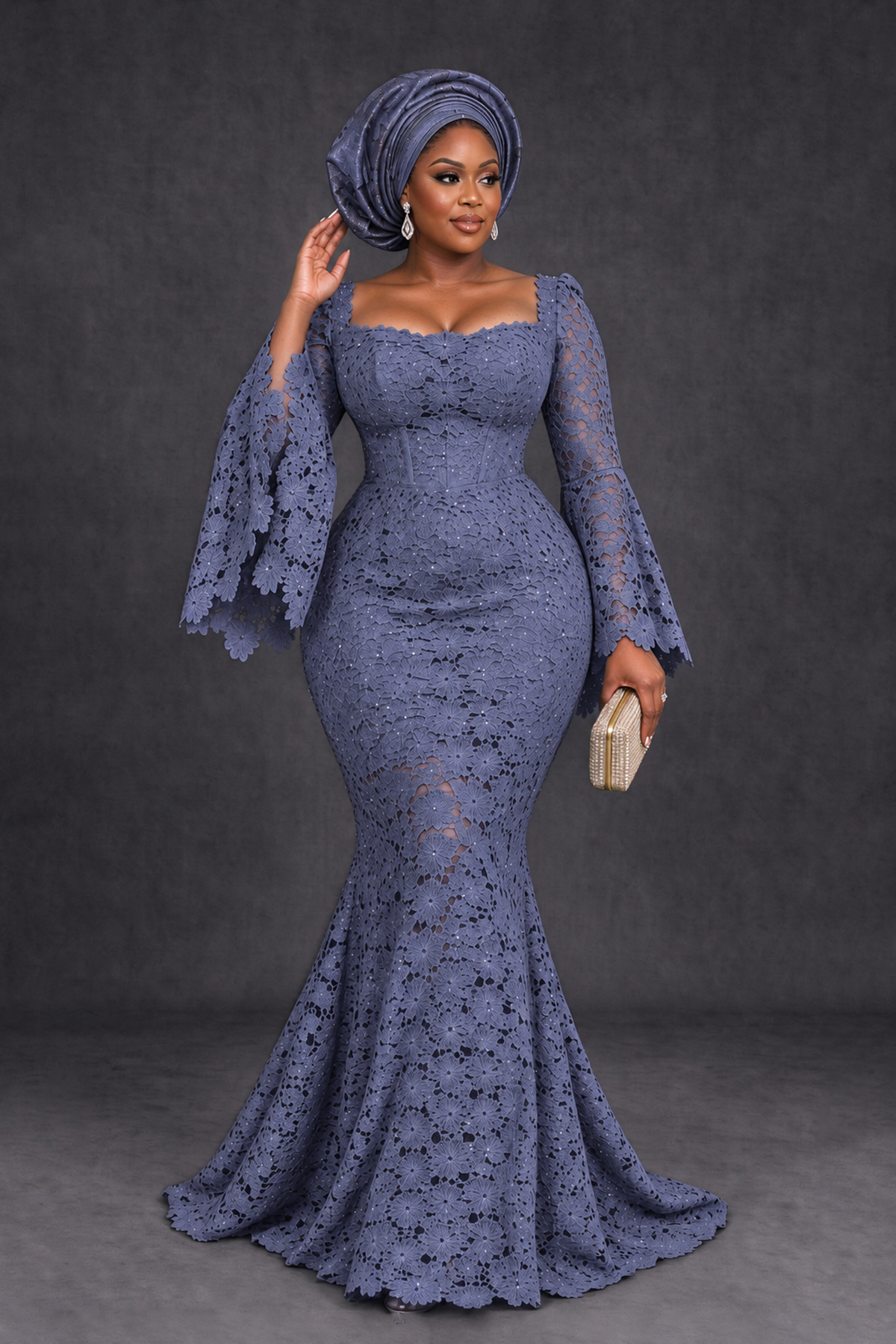BOLODOO Stormy Blue African Lace Mermaid Dress, Plus Size Nigerian Wedding Guest Gown with Bell Sleeves - Stormy Blue - Stormy Blue_4