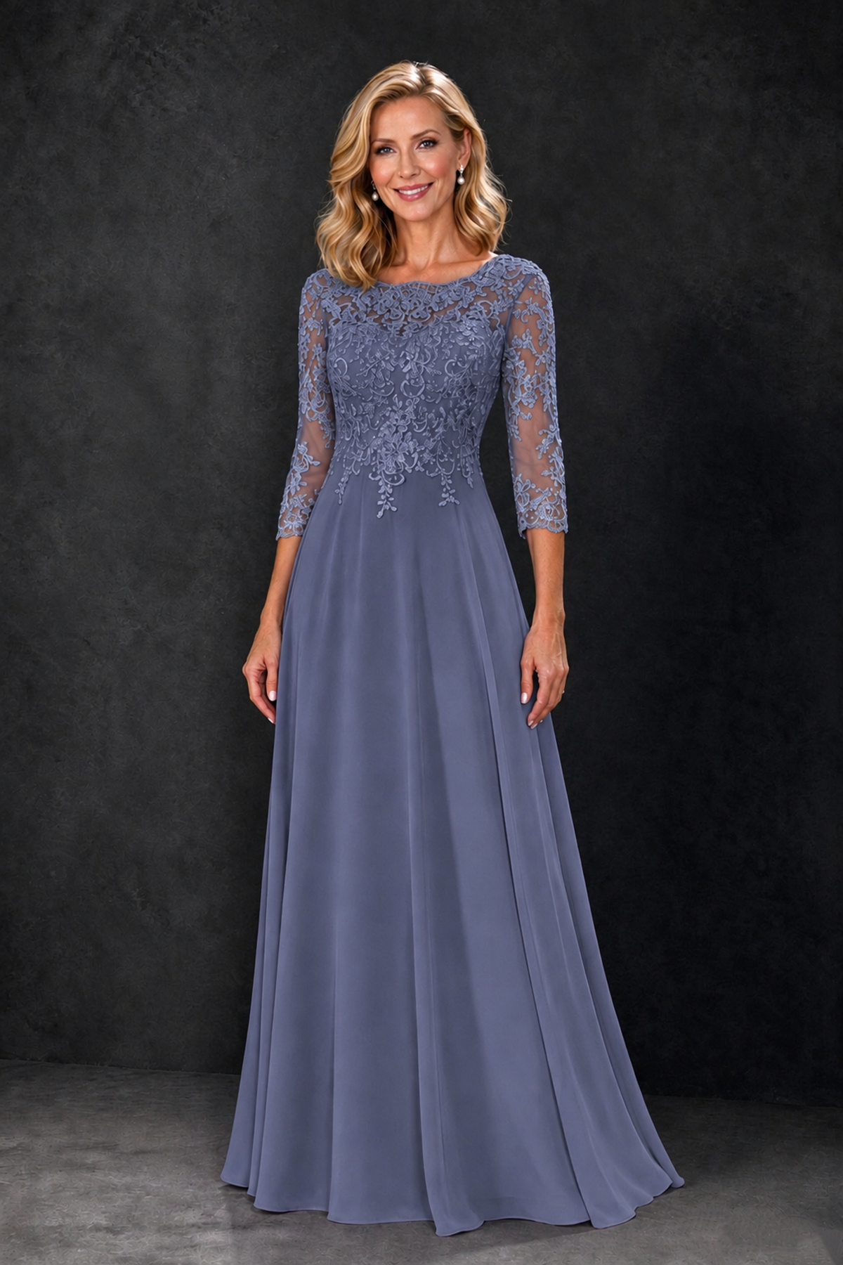 BOLODOO Stormy Blue Lace Embroidered Mother of the Bride Dress with 3/4 Sleeves - Stormy Blue - Stormy Blue_4