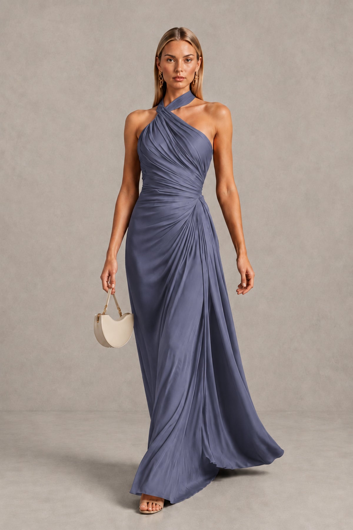BOLODOO Stormy Blue Twisted Halter Neck Ruched Sleeveless Open Back Floor-Length Gown - Stormy Blue - Stormy_Blue_4