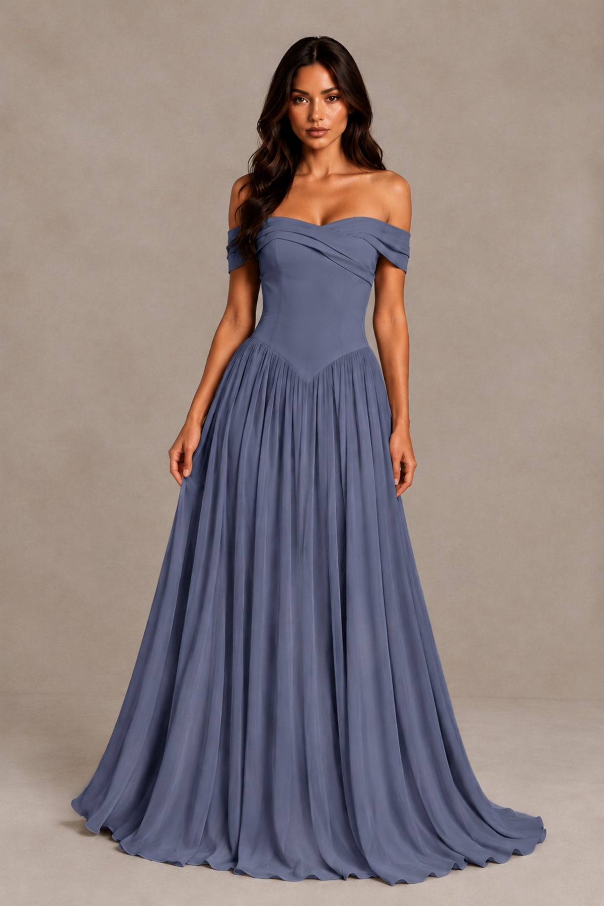 BOLODOO Stormy Blue Off-Shoulder Sweetheart Corset Pleated Chiffon Maxi Dress - Stormy Blue - Stormy Blue (1)