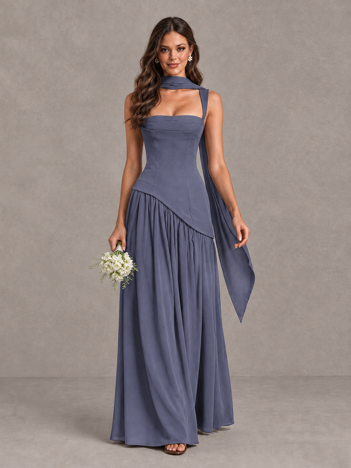 BOLODOO Stormy Blue Brown Scarf Bridesmaid Dress with Lace-Up Back - Stormy Blue - Stormy Blue (1)