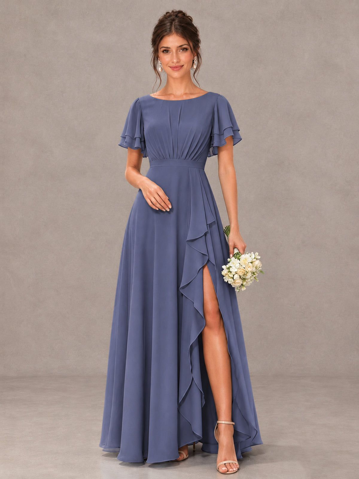 BOLODOO Stormy Blue Flutter Sleeve Ruffle Bridesmaid Dress with Slit - Stormy Blue - Stormy Blue (1)