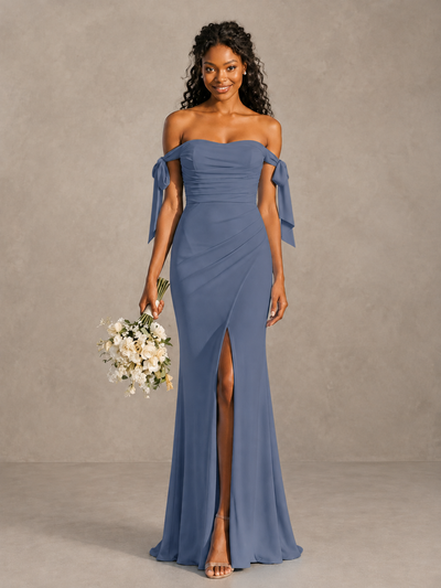Stormy Blue Off-Shoulder Bow Bridesmaid Dress with Slit - Stormy Blue - Stormy Blue (1)
