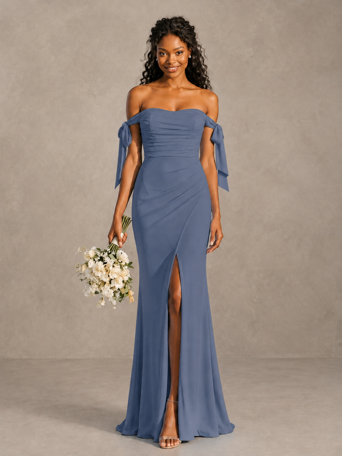 Stormy Blue Off-Shoulder Bow Bridesmaid Dress with Slit - Stormy Blue - Stormy Blue (1)