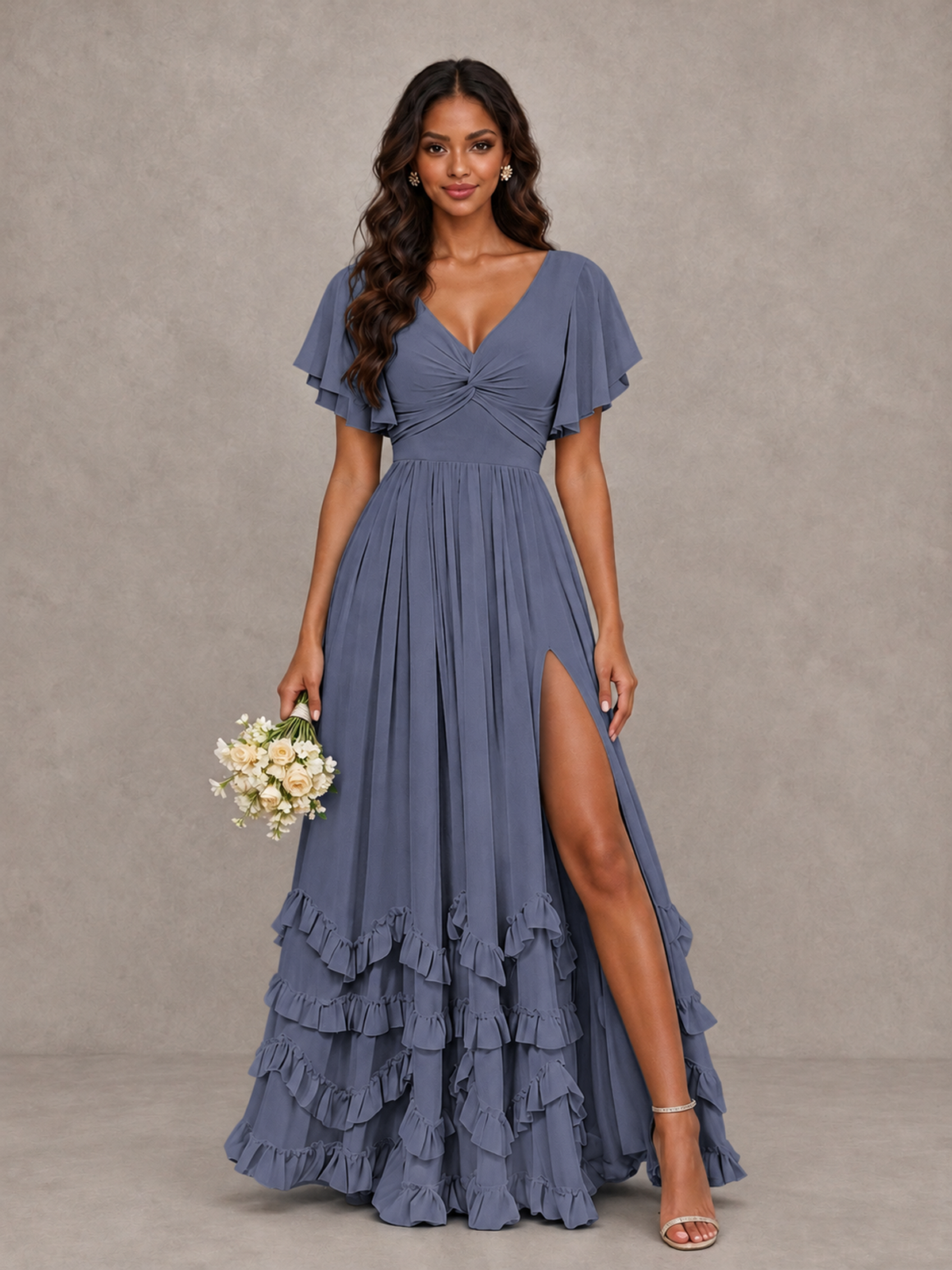 BOLODOO Stormy Blue V-Neck Flutter Sleeve Ruffle Bridesmaid Dress with Slit - Stormy Blue - Stormy Blue (1)