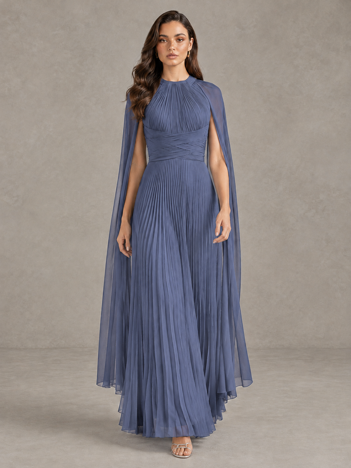 BOLODOO Stormy Blue Pleated Cape Maxi Wedding Guest Dress - Stormy Blue - Stormy Blue (1)