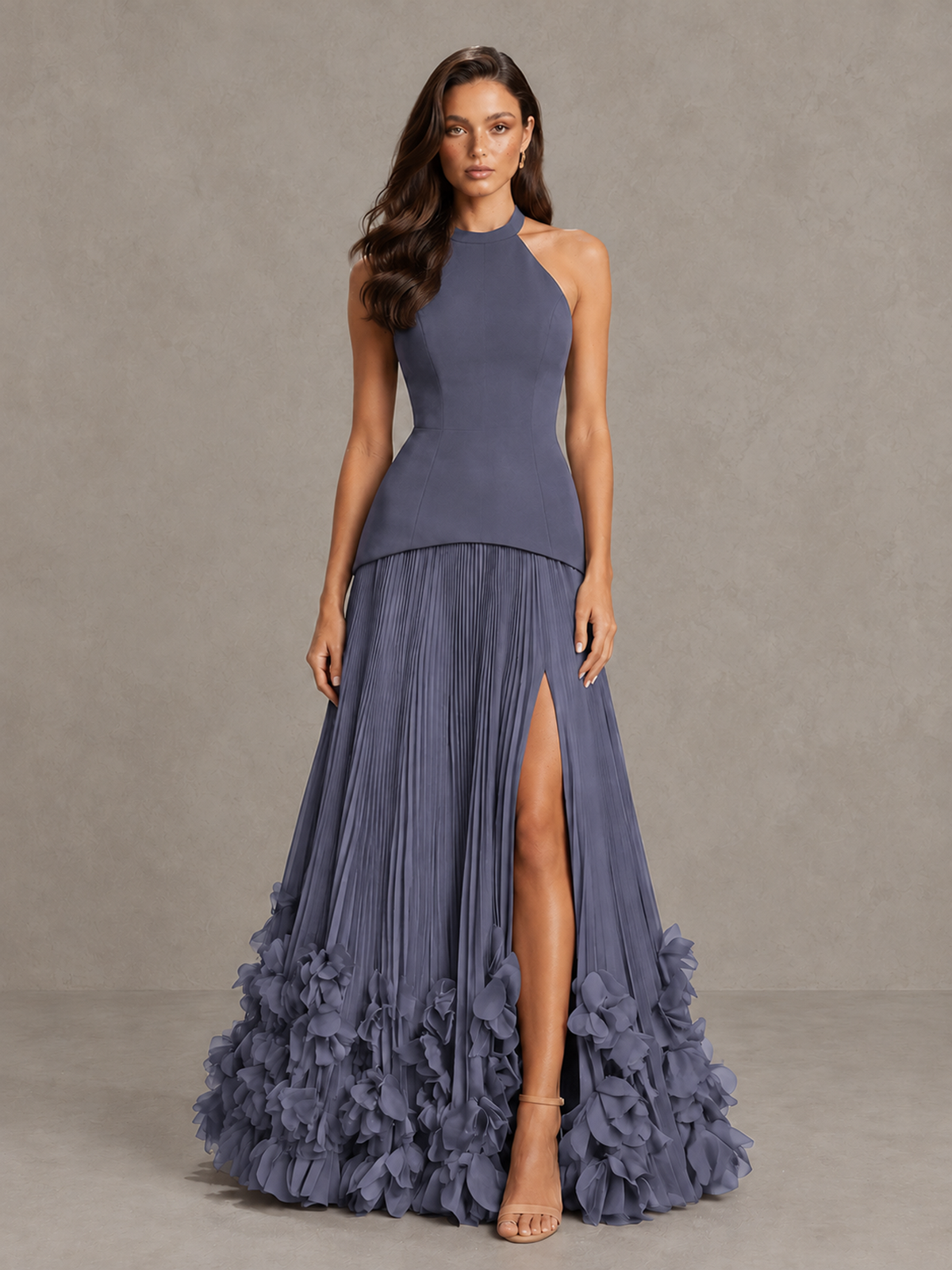 BOLODOO Stormy Blue Halter Neck Floor-Length Evening Gown with High Slit & 3D Floral Hem - Stormy Blue - Stormy Blue (1)