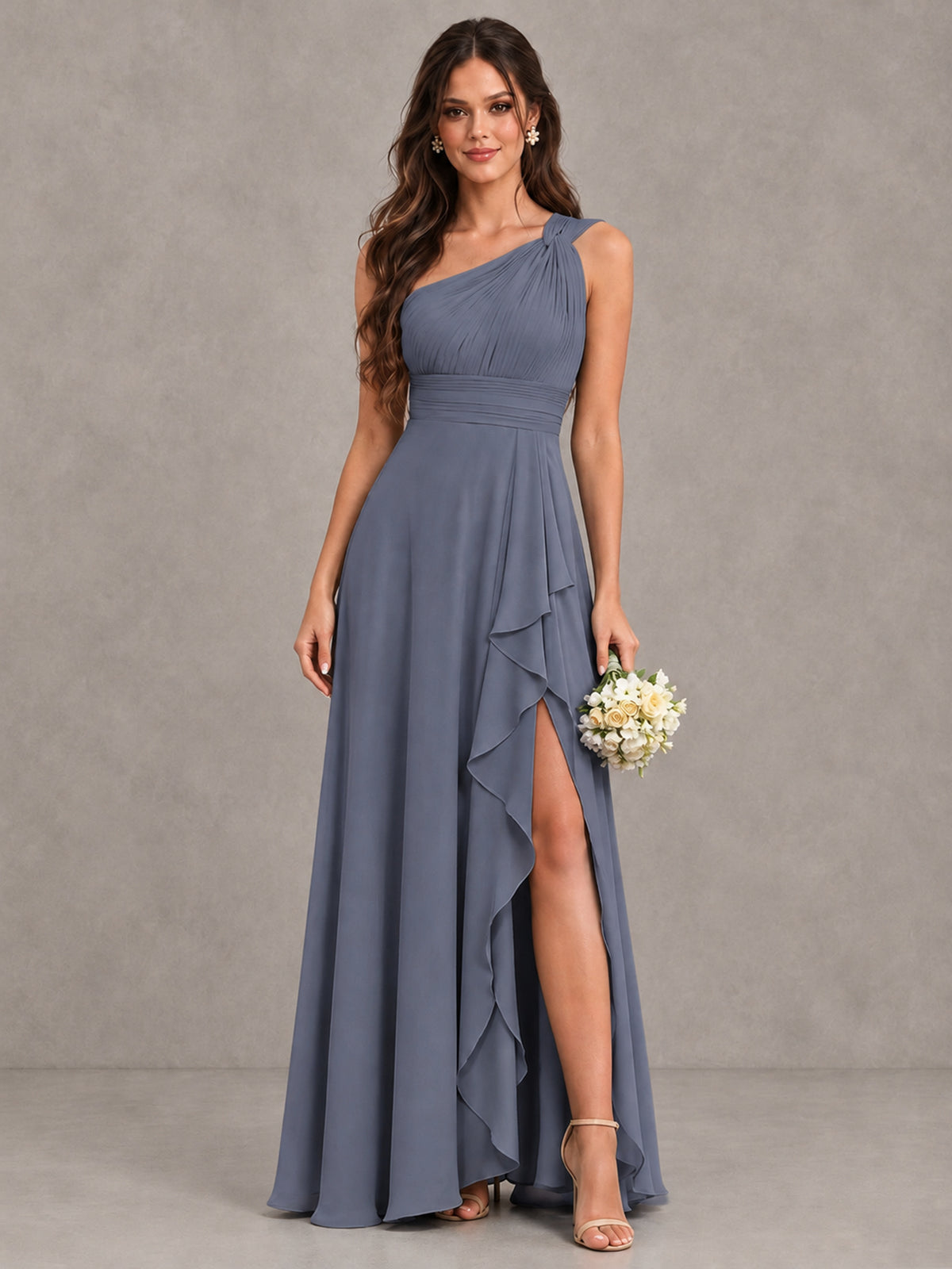 BOLODOO Stormy Blue One-Shoulder Ruffle Bridesmaid Dress with Slit - Stormy Blue - Stormy Blue (1)
