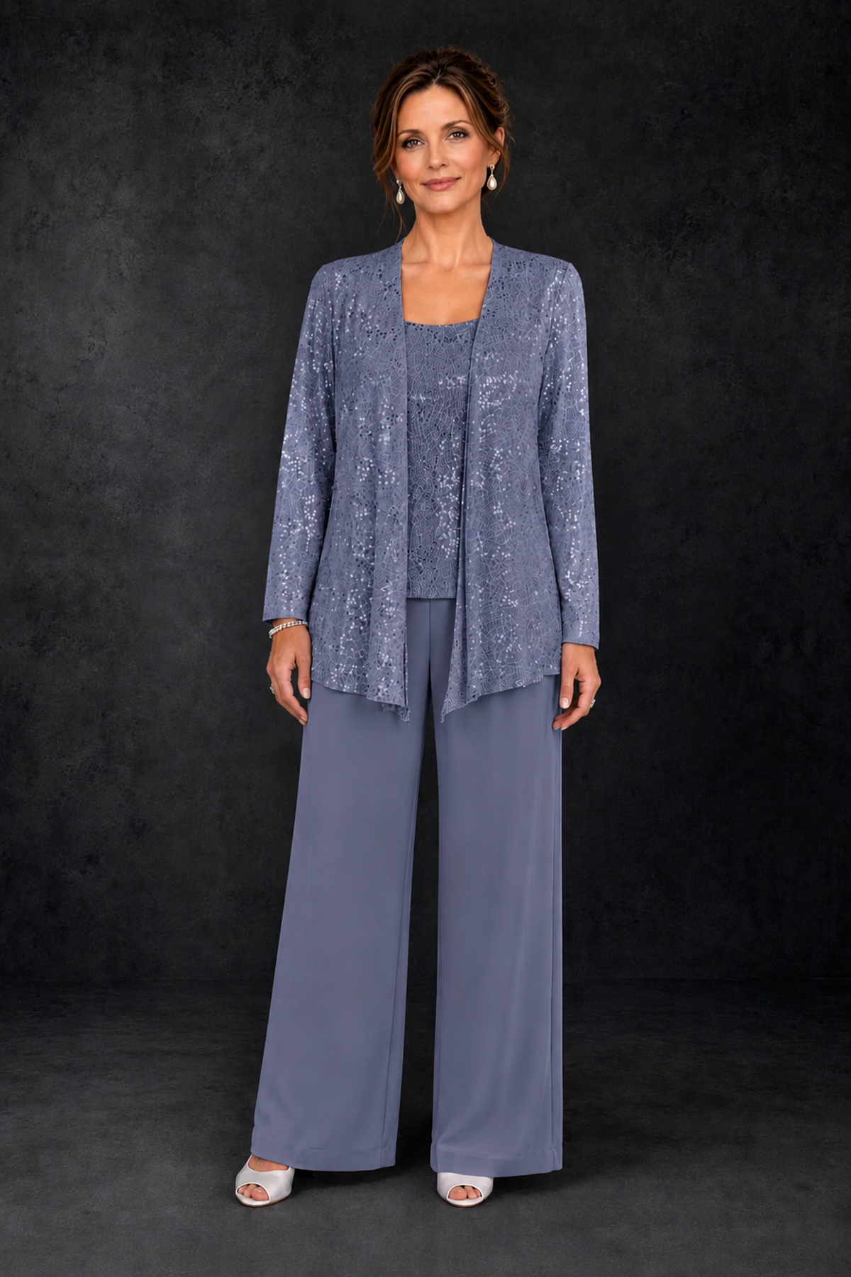 BOLODOO Stormy Blue Sequin Lace 3-Piece Pant Suit with Long Sleeve Jacket - Stormy Blue - Stormy Blue (1)