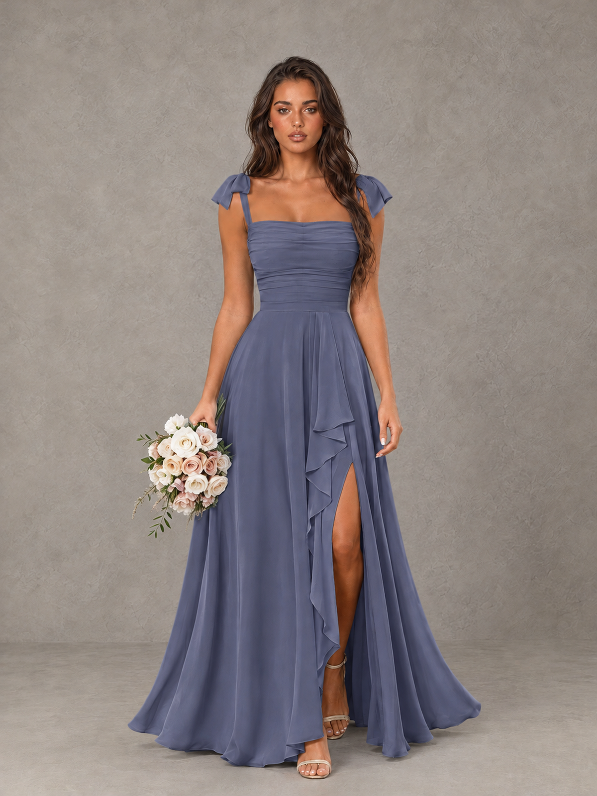 BOLODOO Stormy Blue Bow-Strap Bridesmaid Dress with Ruffle Slit - Stormy Blue - Stormy Blue (1)