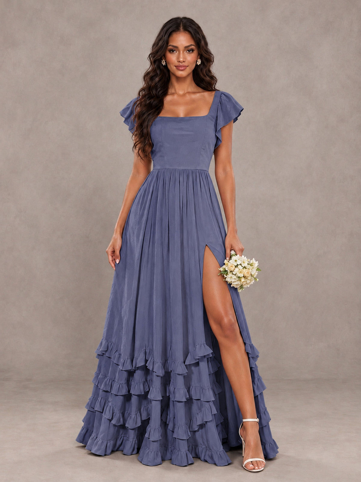 BOLODOO Stormy Blue Flutter Sleeve Ruffle Bridesmaid Dress with Slit - Stormy Blue - Stormy Blue (1)