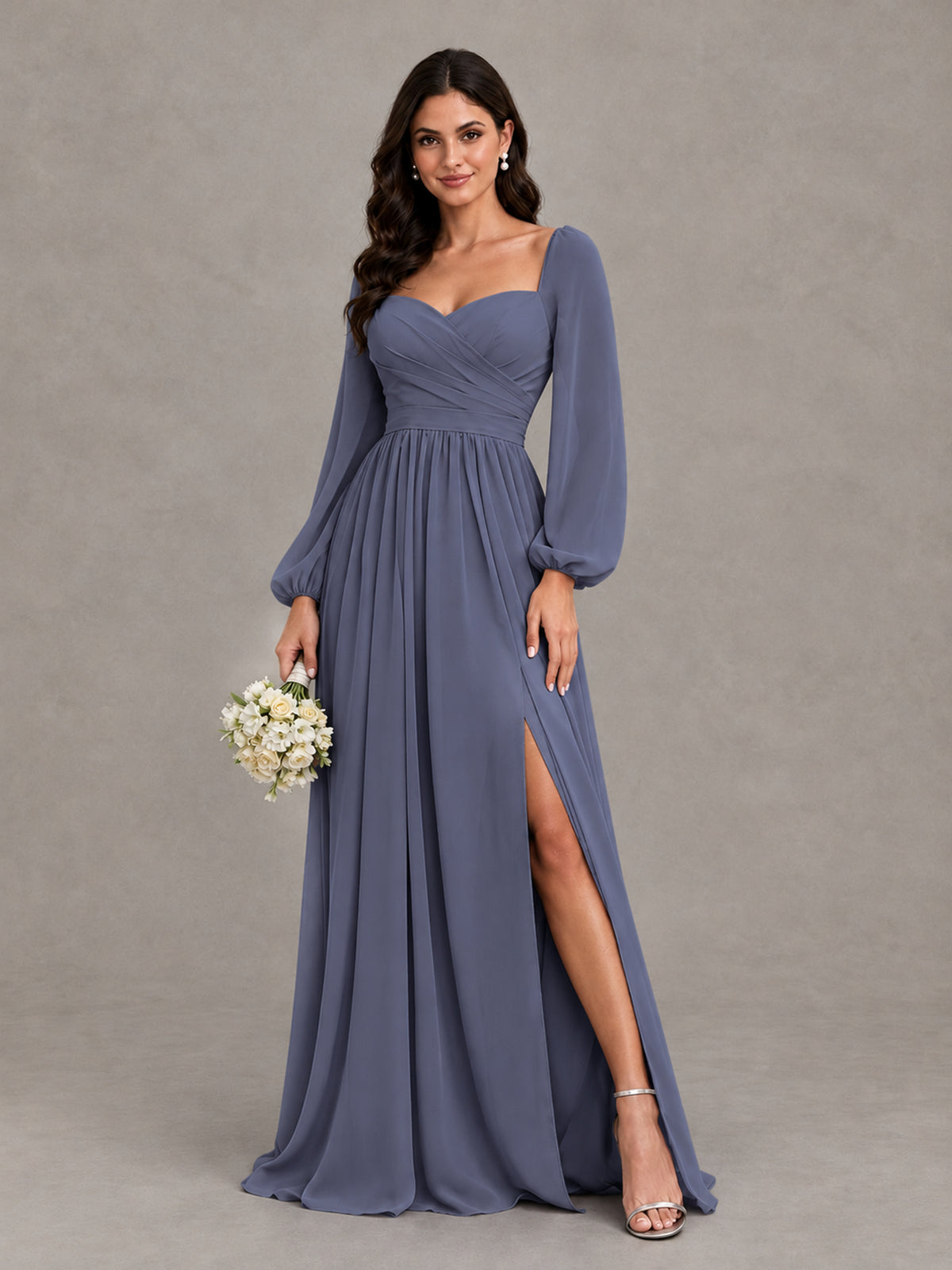 BOLODOO Stormy Blue Long Sleeve Chiffon Bridesmaid Dress with Slit - Stormy Blue - Stormy Blue (1)