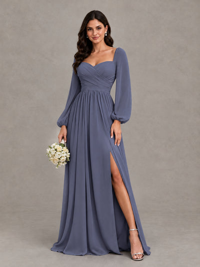 BOLODOO Stormy Blue Long Sleeve Chiffon Bridesmaid Dress with Slit - Stormy Blue - Stormy Blue (1)