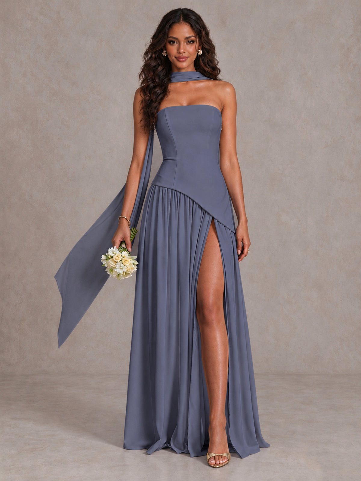 Stormy Blue Strapless Bridesmaid Dress with Scarf & High Slit - Stormy Blue - Stormy Blue (1)