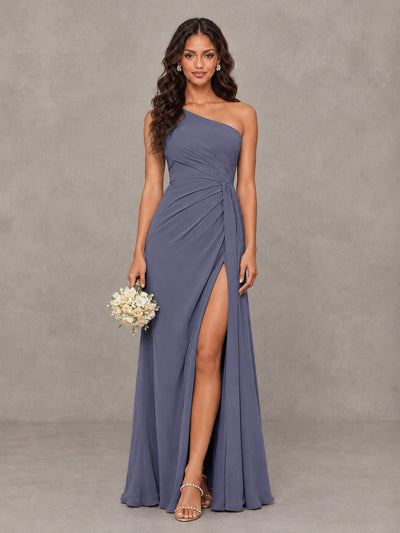 BOLODOO Stormy Blue One-Shoulder Chiffon Bridesmaid Dress with Ruched Bodice & High Slit - Stormy Blue - Stormy Blue (1)