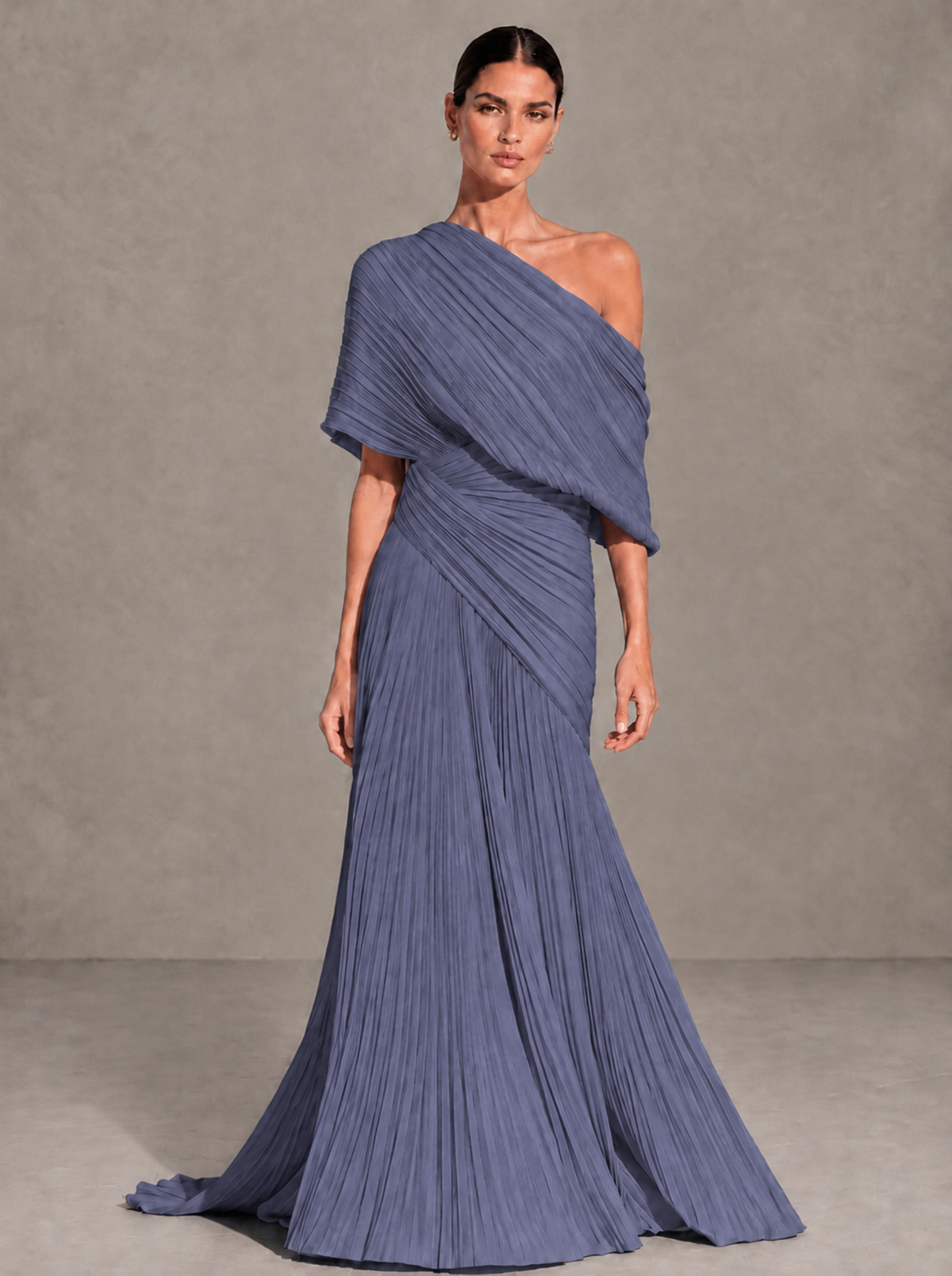 BOLODOO Stormy Blue One-Shoulder Pleated Cape Evening Gown with Train - Stormy Blue - Stormy Blue (1)