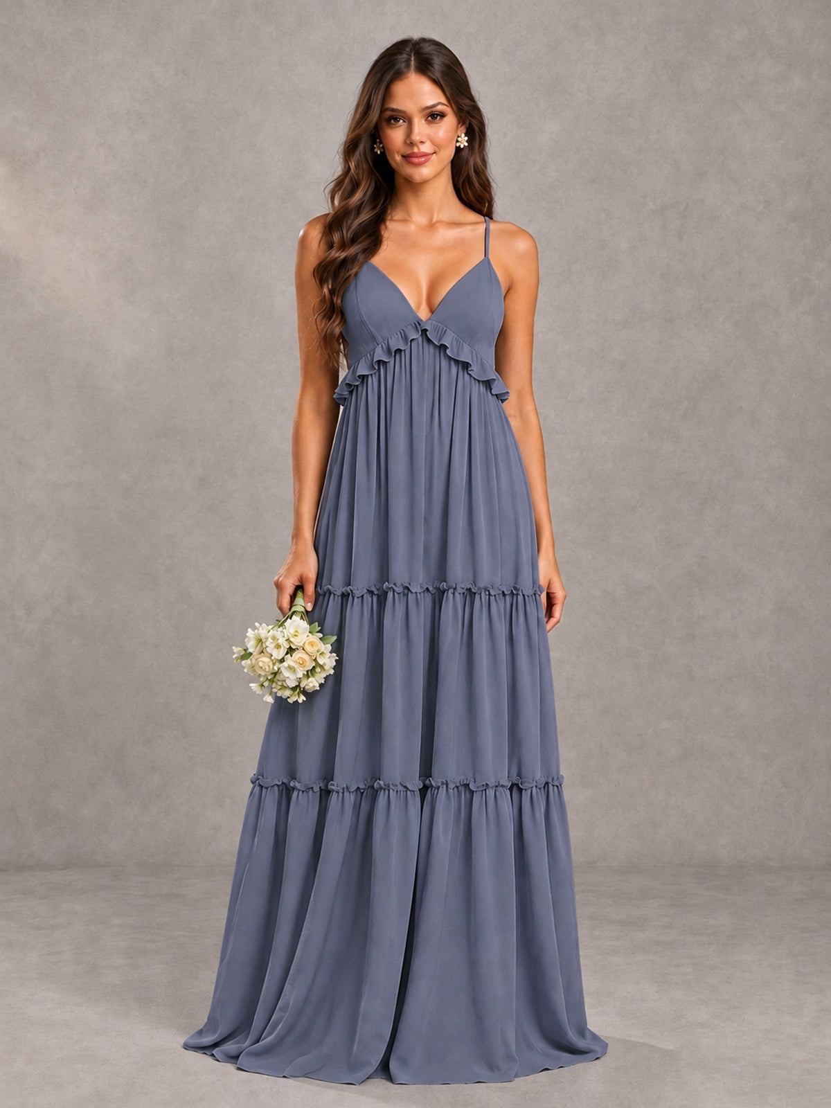 BOLODOO Stormy Blue Tiered V-Neck Lace-Up Back Bridesmaid Dress - Stormy Blue - Stormy Blue (1)