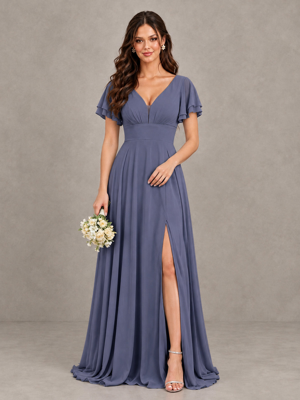 BOLODOO Stormy Blue Flutter Sleeve Chiffon A-Line Maxi Bridesmaid Dress with Open Back & Slit - Stormy Blue - Stormy Blue (1)
