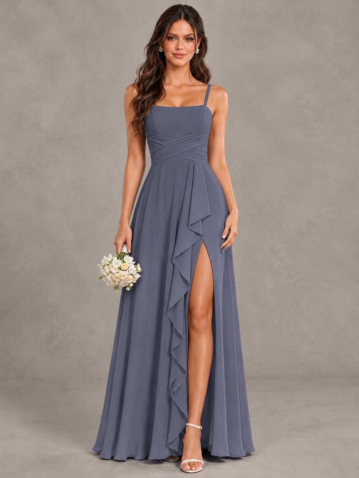 BOLODOO Stormy Blue Spaghetti Strap Ruffle Bridesmaid Dress with Slit - Stormy Blue - Stormy Blue (1)